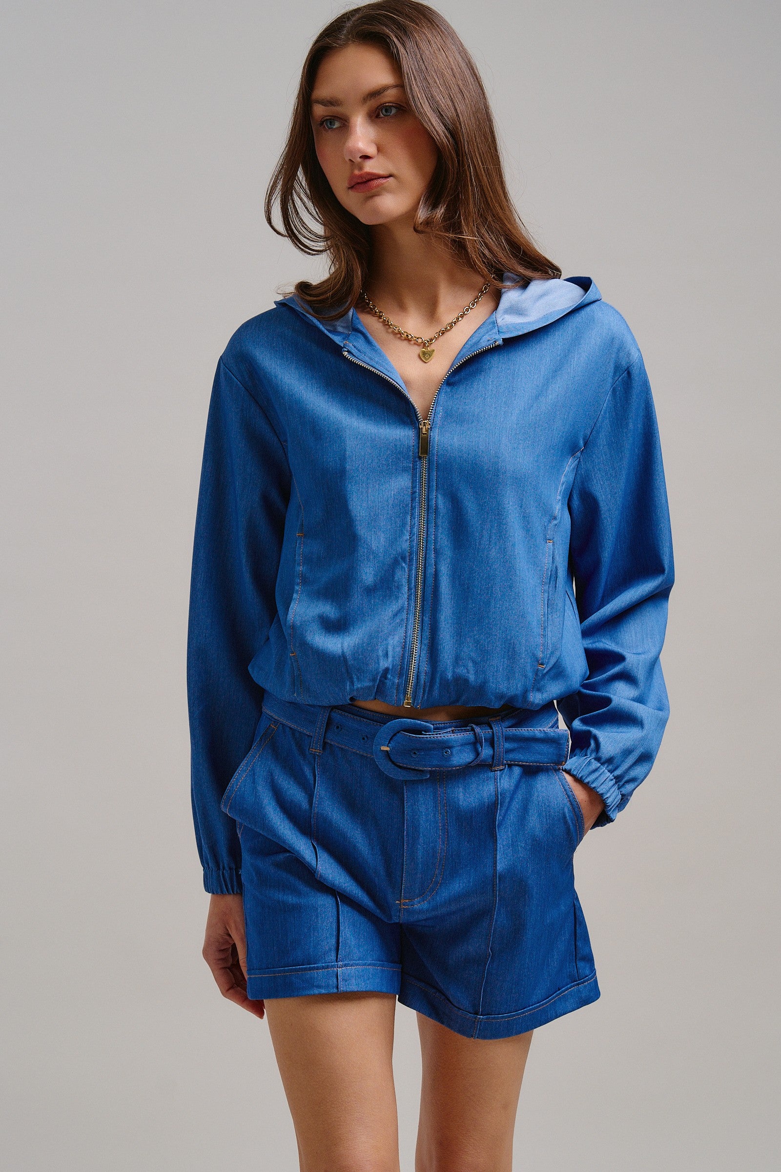 High Waisted Chambray Belted Shorts With Cuffed Hem in Blue - Women's Pants | Urban Daizy