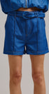 High Waisted Chambray Belted Shorts With Cuffed Hem in Blue - Women's Pants | Urban Daizy