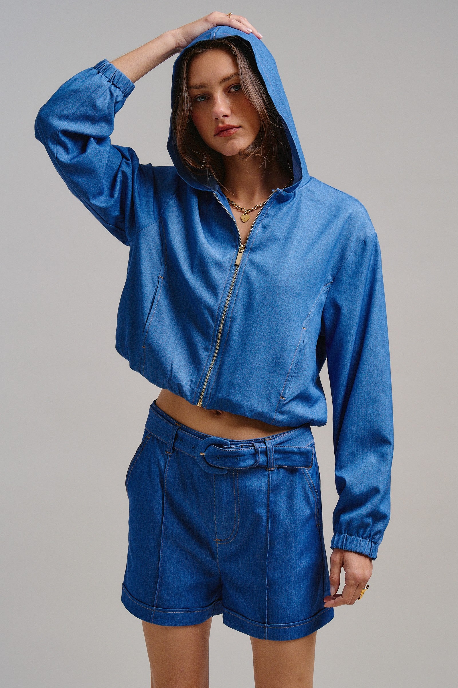 High Waisted Chambray Belted Shorts With Cuffed Hem in Blue - Women's Pants | Urban Daizy