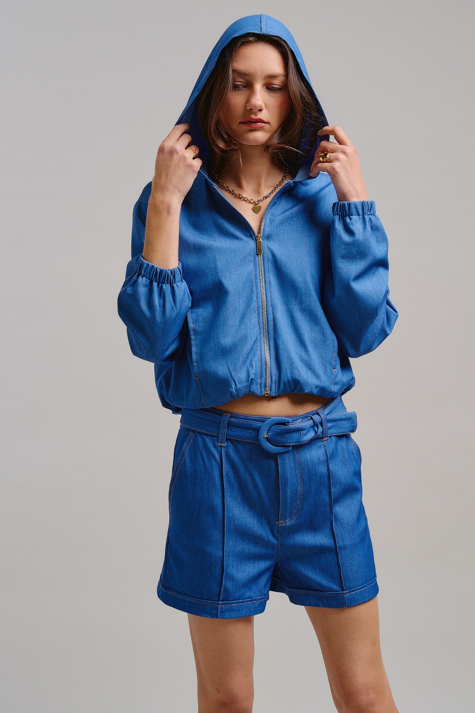 High Waisted Chambray Belted Shorts With Cuffed Hem in Blue - Women's Pants | Urban Daizy