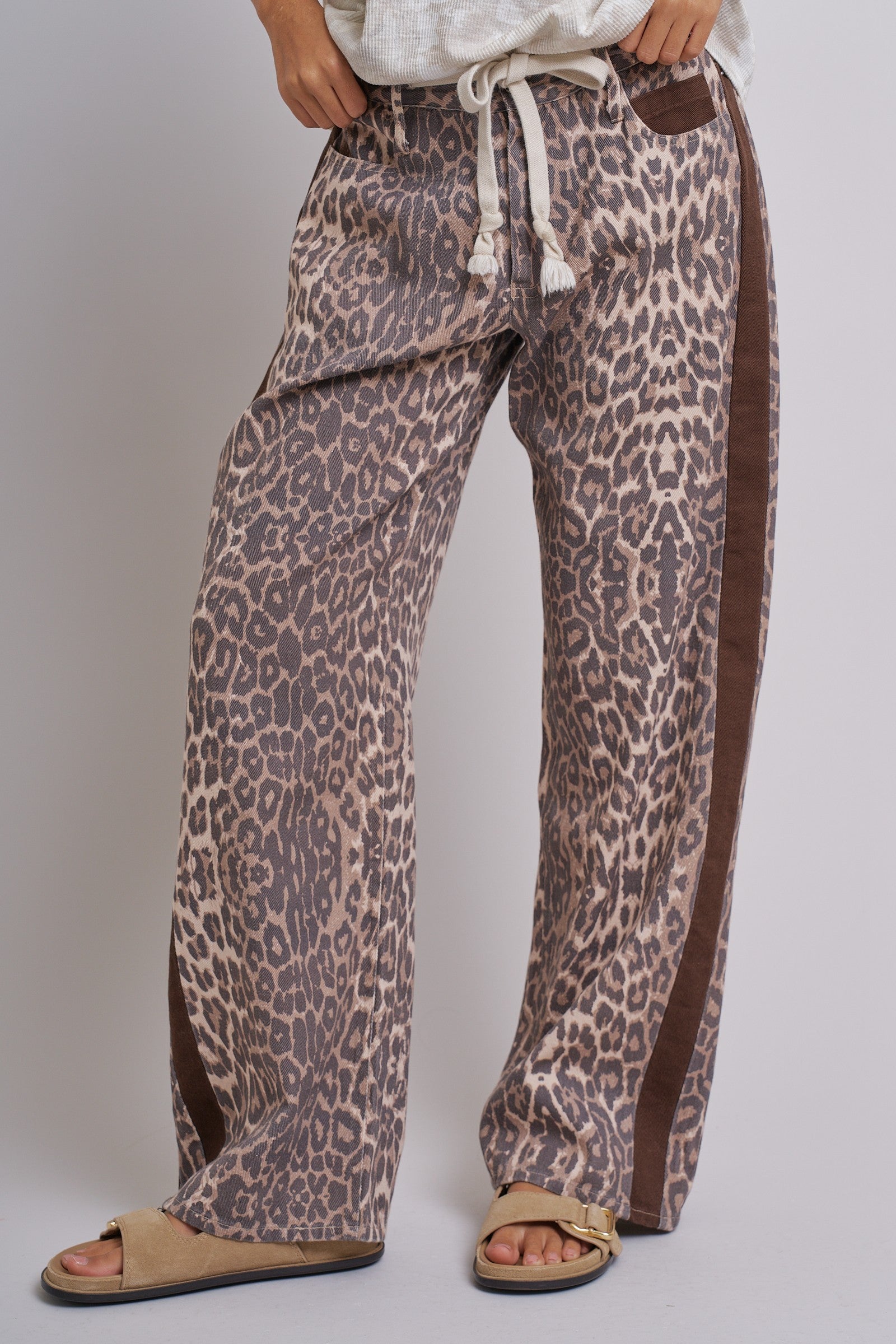 Leopard Print Wide-Leg Pants with Side Stripe in Leopard - Women's Pants | Urban Daizy