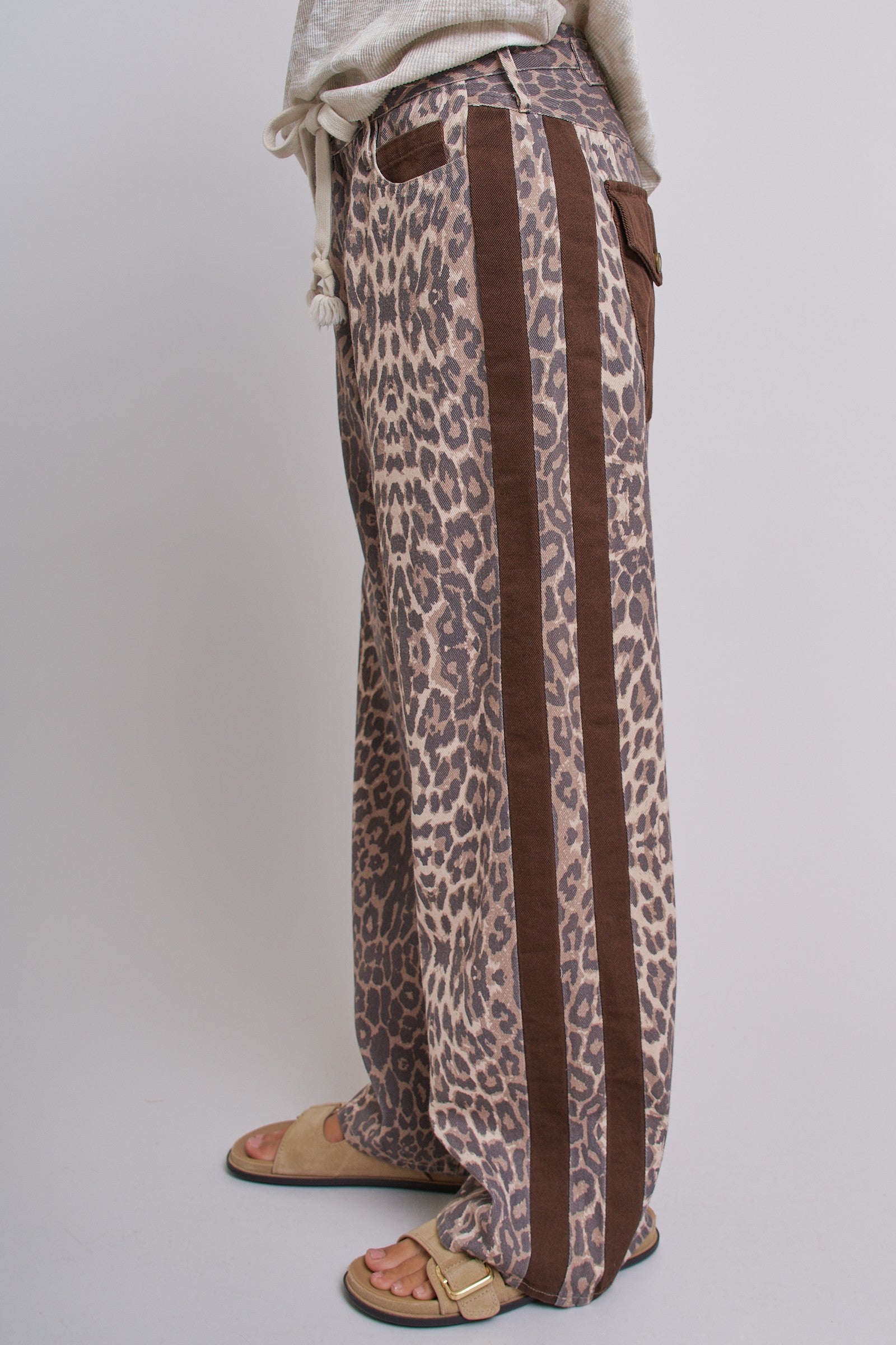 Leopard Print Wide-Leg Pants with Side Stripe in Leopard - Women's Pants | Urban Daizy
