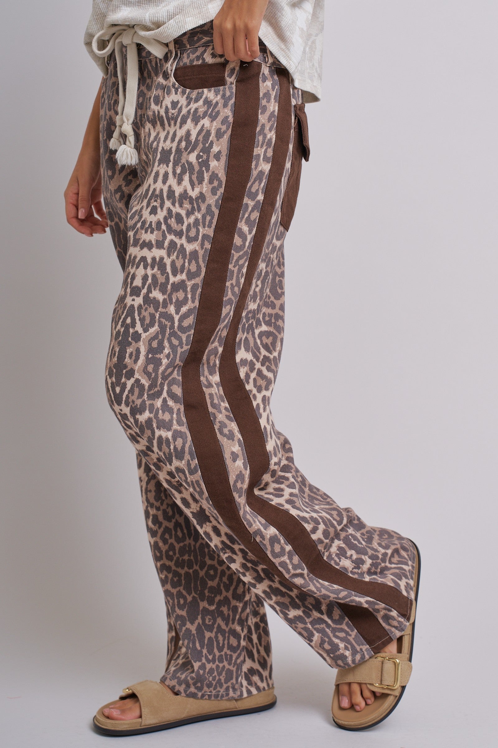 Leopard Print Wide-Leg Pants with Side Stripe in Leopard - Women's Pants | Urban Daizy