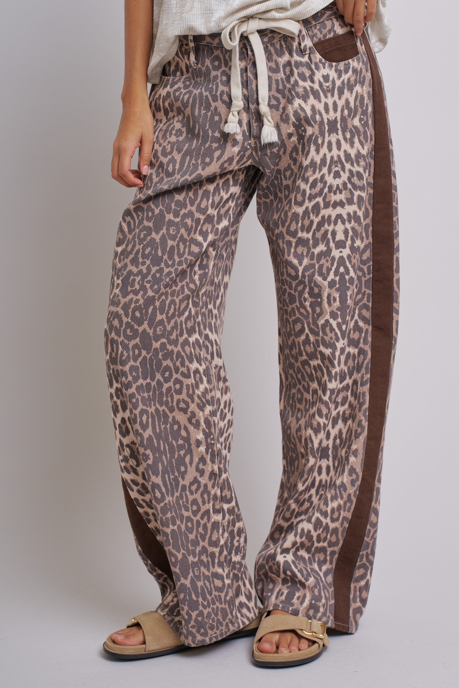 Leopard Print Wide-Leg Pants with Side Stripe in Leopard - Women's Pants | Urban Daizy
