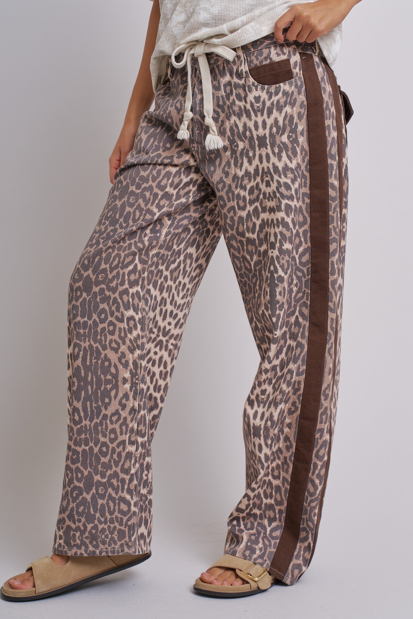 Leopard Print Wide-Leg Pants with Side Stripe in Leopard - Women's Pants | Urban Daizy
