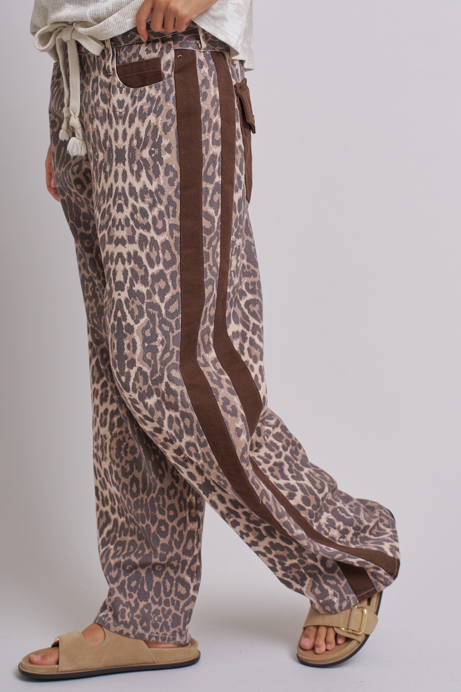 Leopard Print Wide-Leg Pants with Side Stripe in Leopard - Women's Pants | Urban Daizy