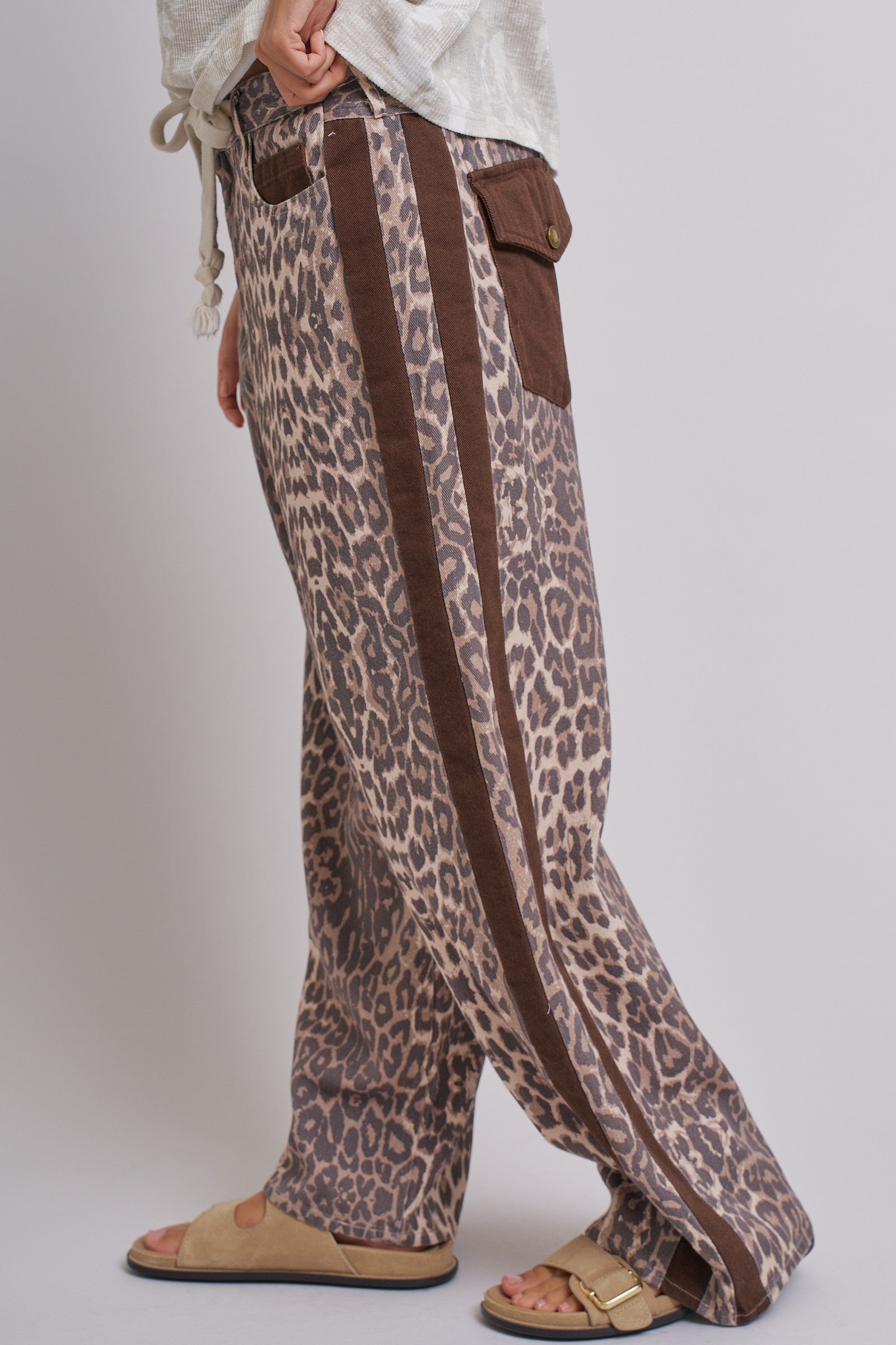Leopard Print Wide-Leg Pants with Side Stripe in Leopard - Women's Pants | Urban Daizy