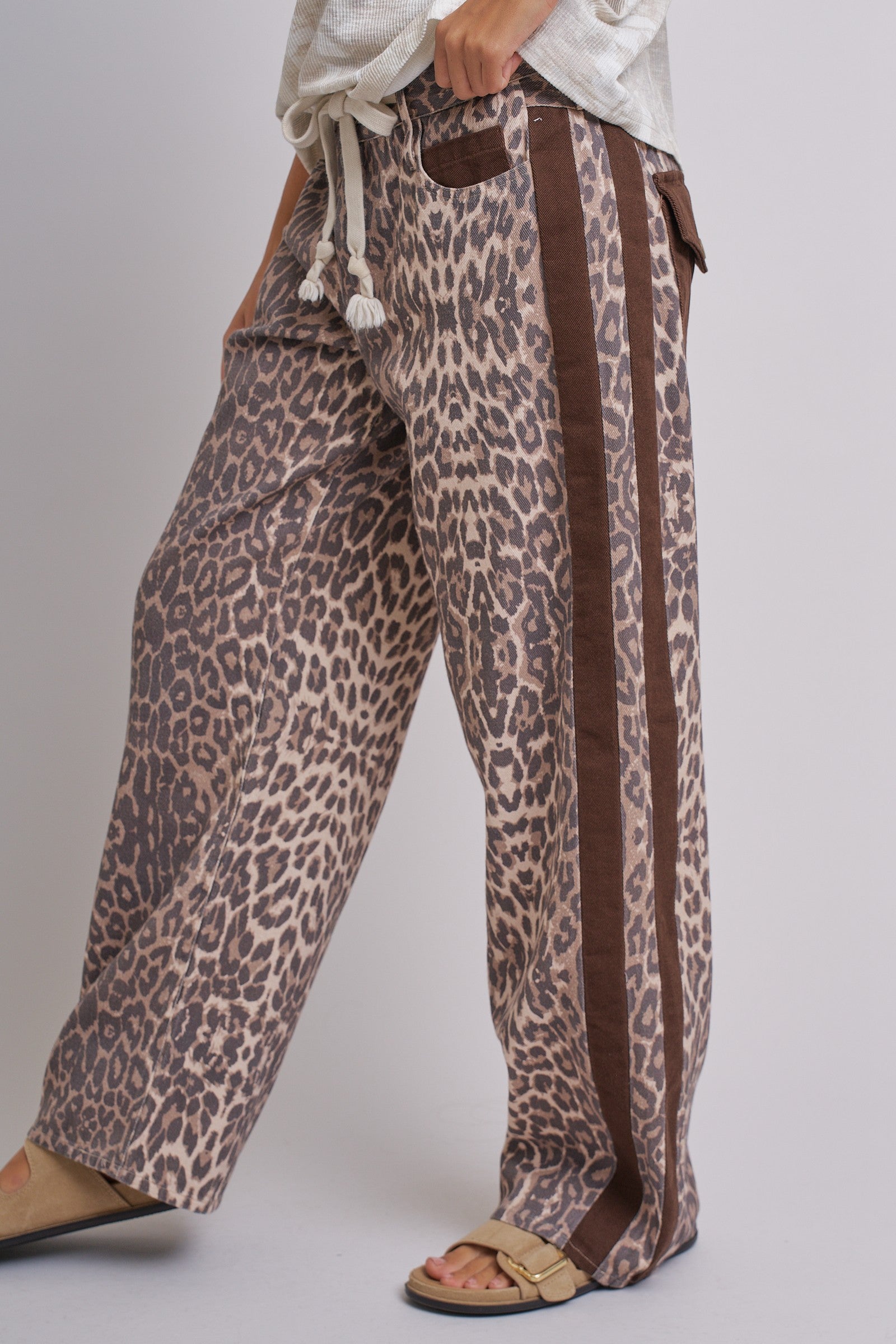 Leopard Print Wide-Leg Pants with Side Stripe in Leopard - Women's Pants | Urban Daizy
