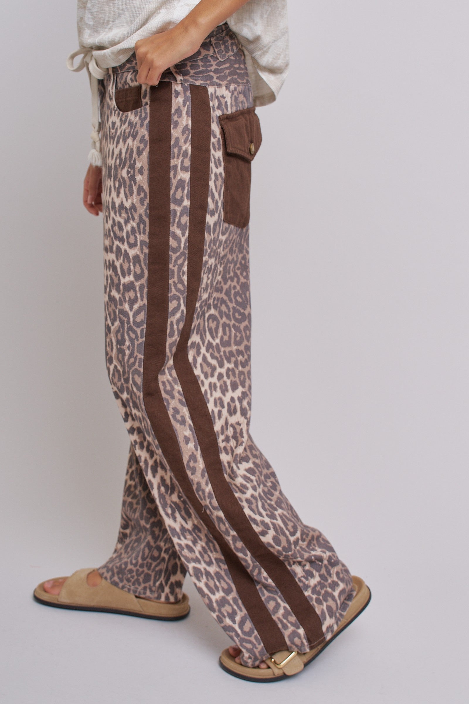 Leopard Print Wide-Leg Pants with Side Stripe in Leopard - Women's Pants | Urban Daizy