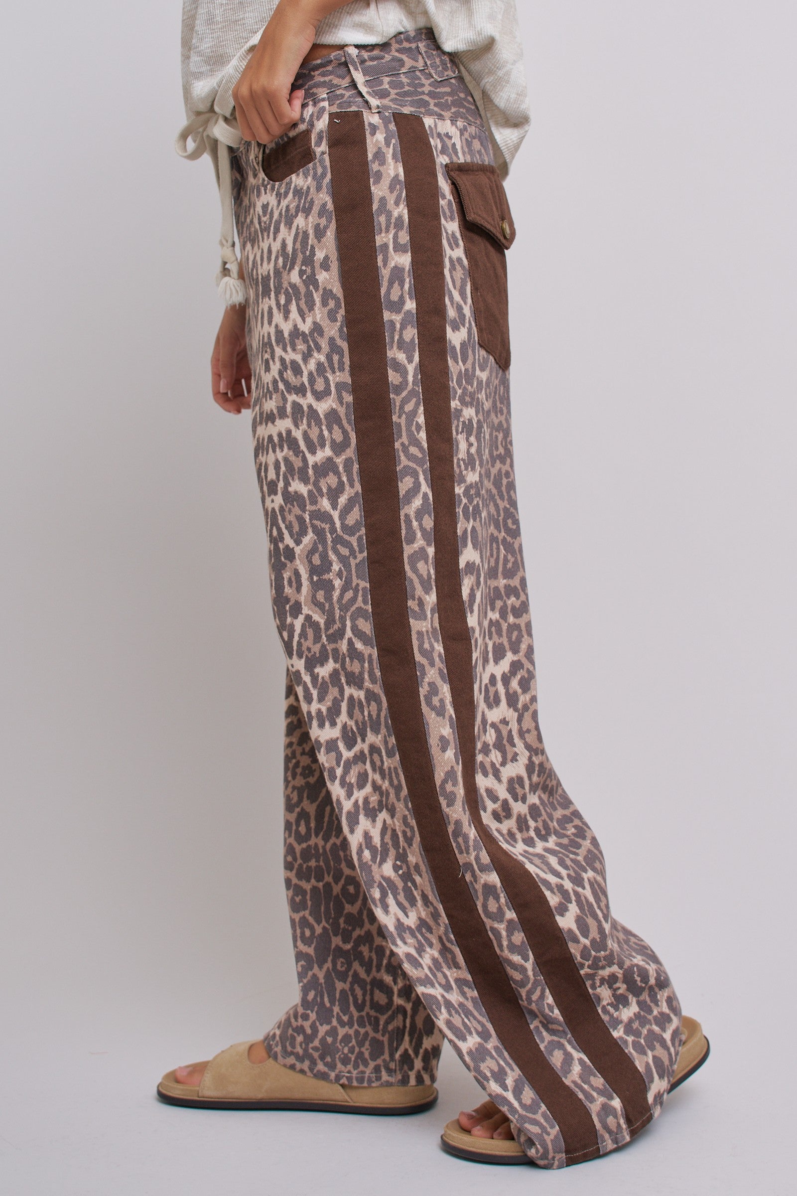 Leopard Print Wide-Leg Pants with Side Stripe in Leopard - Women's Pants | Urban Daizy