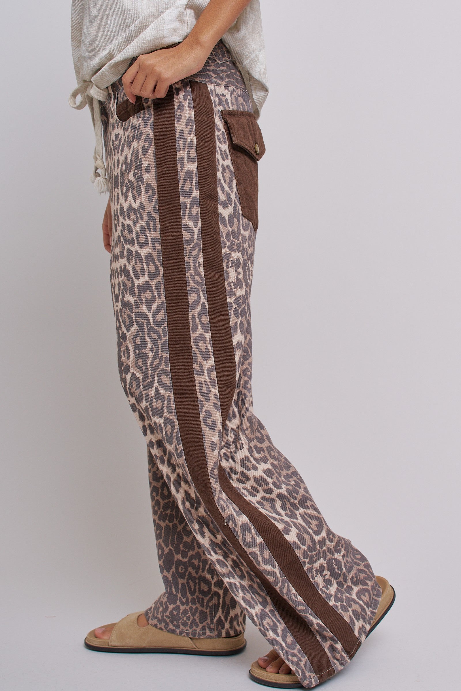 Leopard Print Wide-Leg Pants with Side Stripe in Leopard - Women's Pants | Urban Daizy