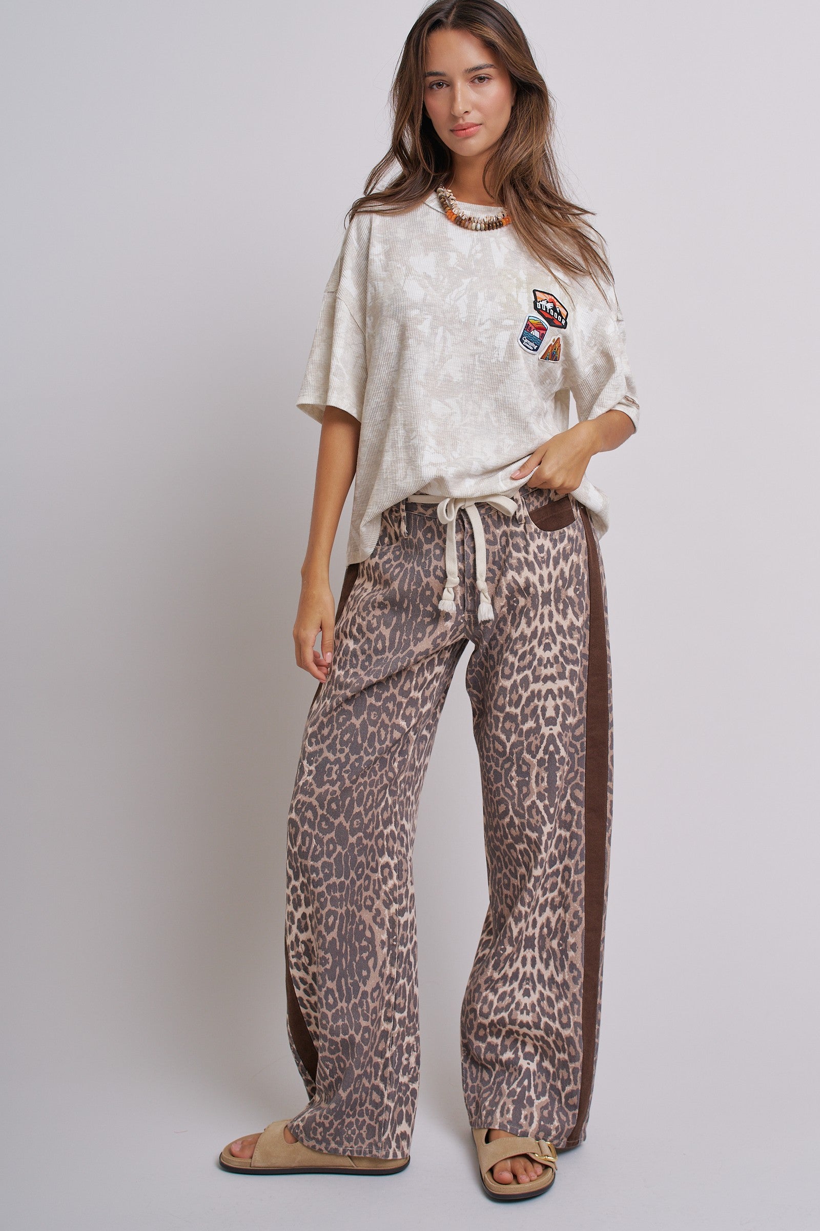 Leopard Print Wide-Leg Pants with Side Stripe in Leopard - Women's Pants | Urban Daizy