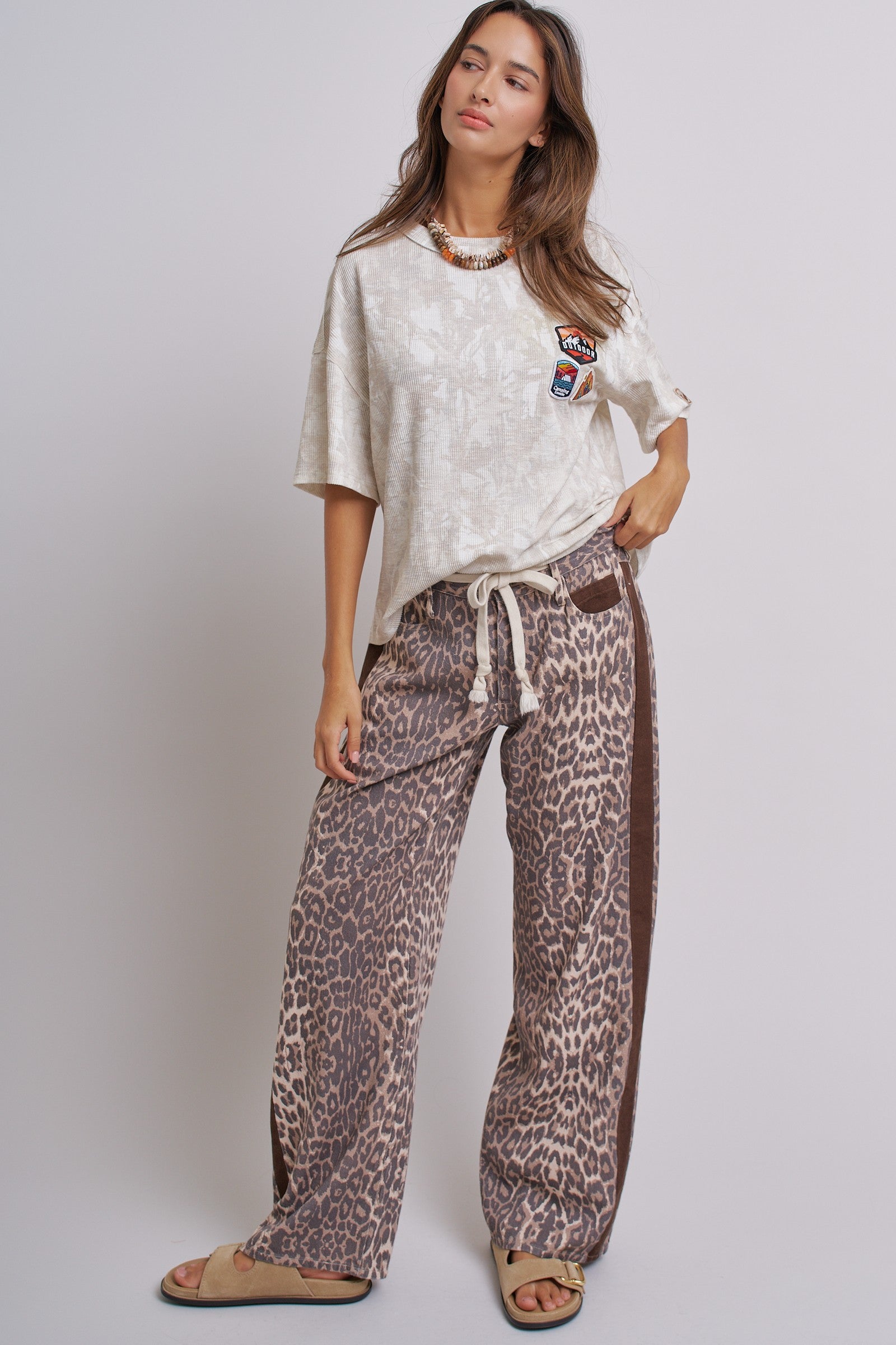 Leopard Print Wide-Leg Pants with Side Stripe in Leopard - Women's Pants | Urban Daizy