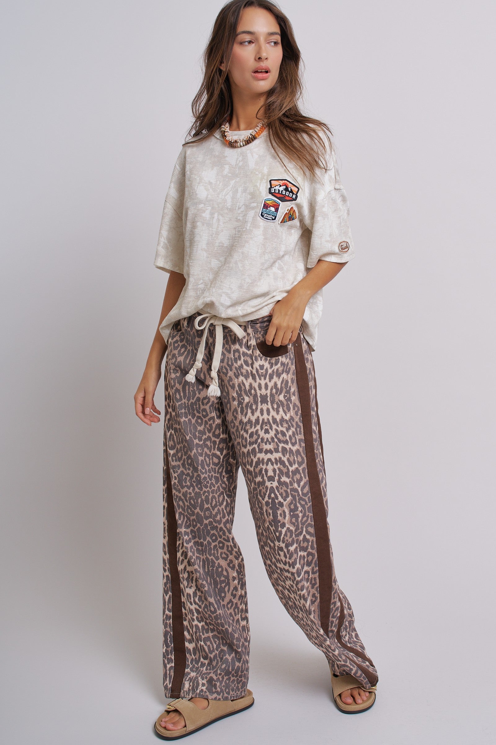 Leopard Print Wide-Leg Pants with Side Stripe in Leopard - Women's Pants | Urban Daizy