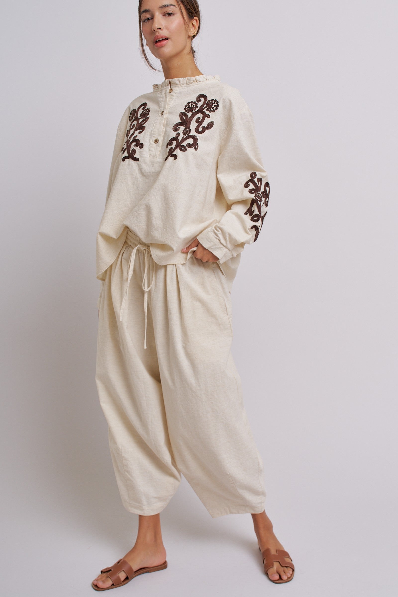 Cotton Linen Drawstring Cocoon Pants with Elastic Waist in Linen - Women's Pants | Urban Daizy