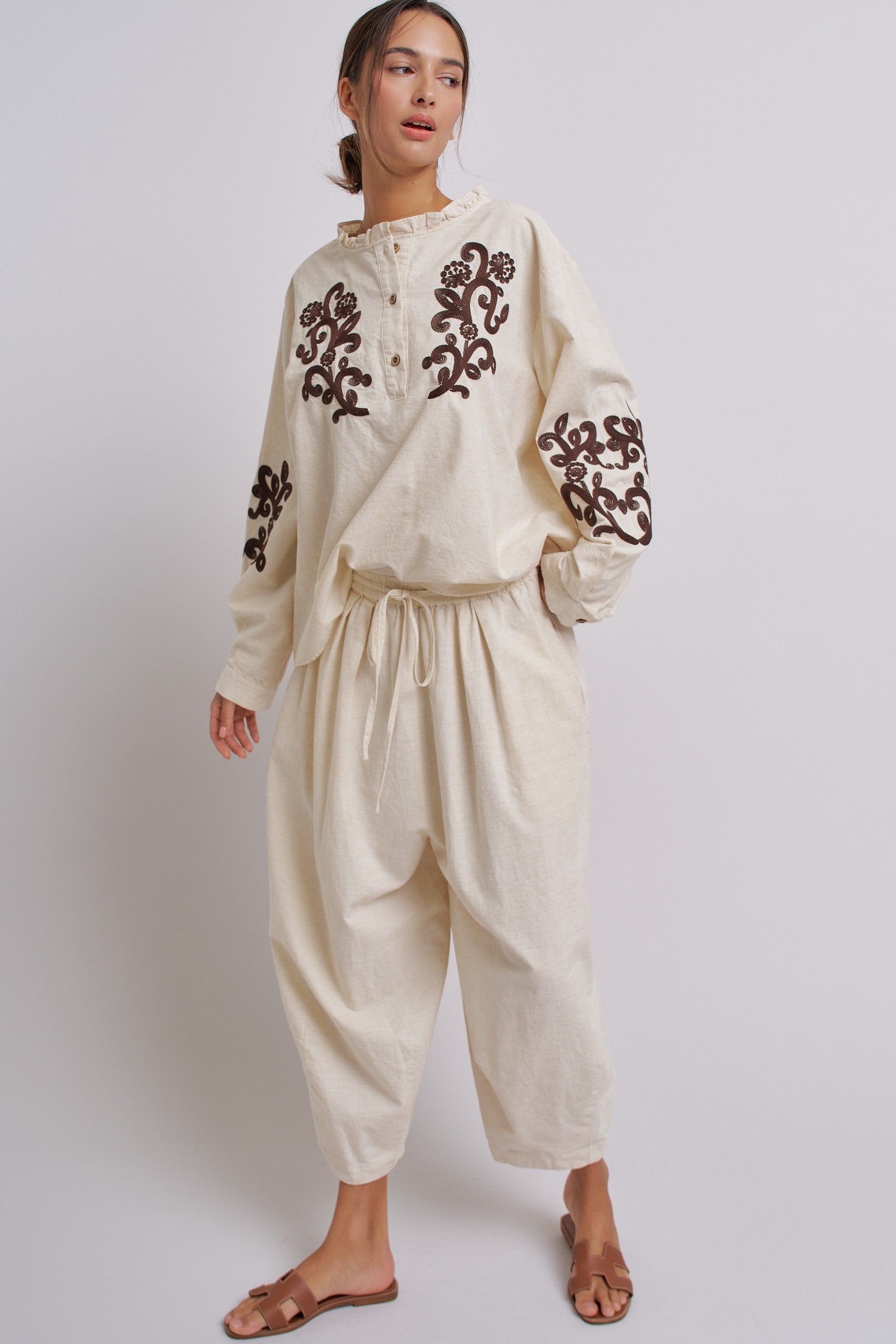 Cotton Linen Drawstring Cocoon Pants with Elastic Waist in Linen - Women's Pants | Urban Daizy