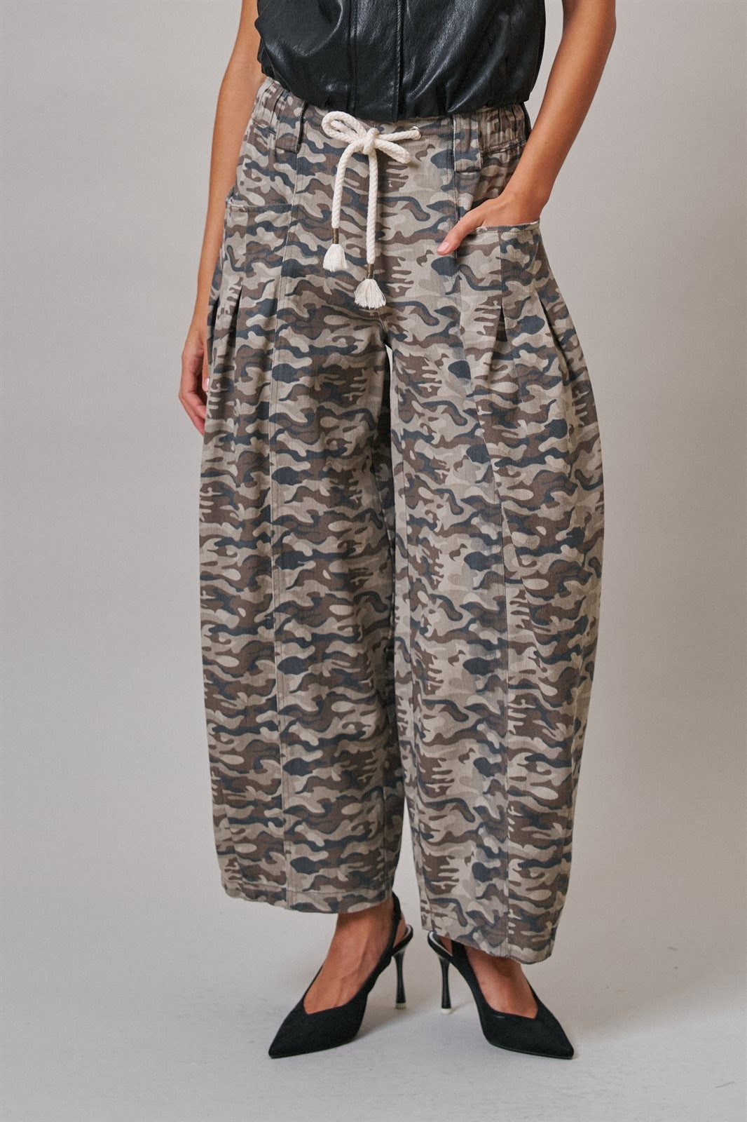 Vintage Wash Leopard Print Barrel Pants in Camo - Women's Casual Pants | Urban Daizy