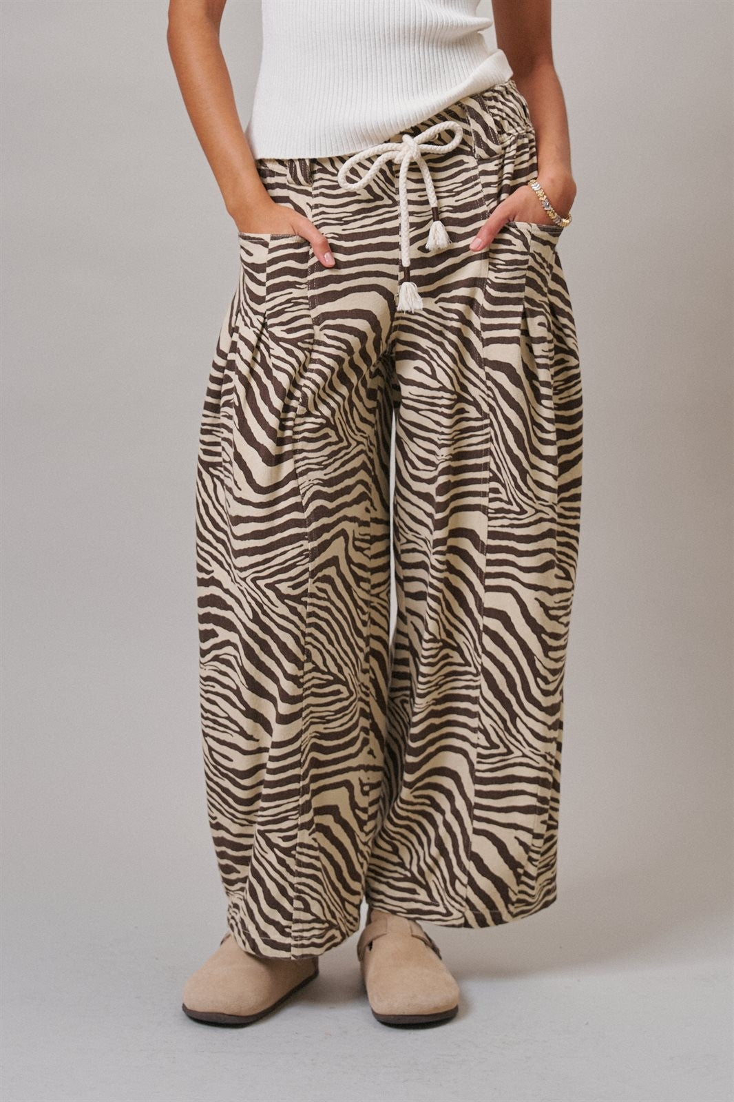 Vintage Wash Leopard Print Barrel Pants in Zebra - Women's Casual Pants | Urban Daizy