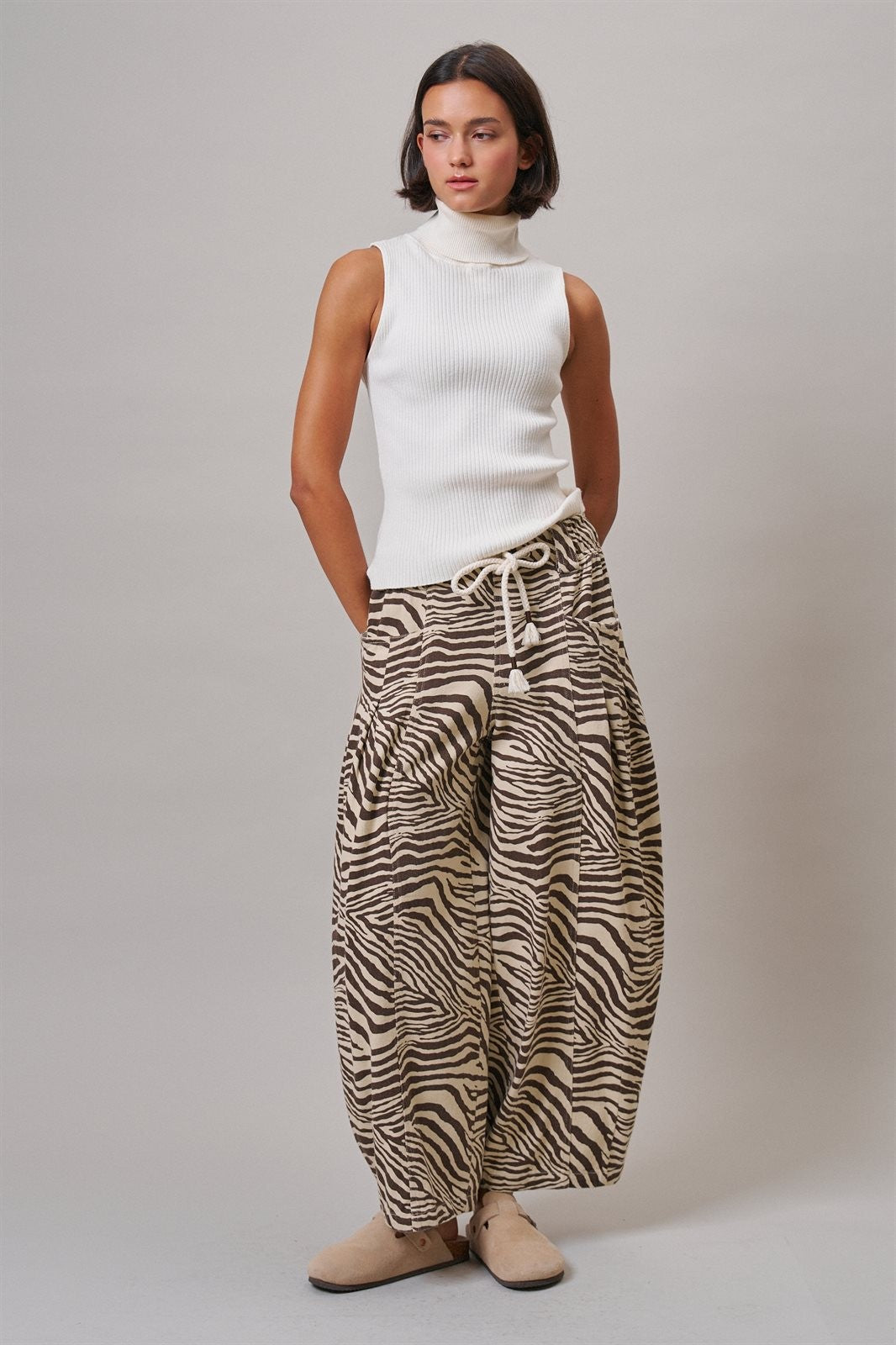 Vintage Wash Leopard Print Barrel Pants in Zebra - Women's Casual Pants | Urban Daizy