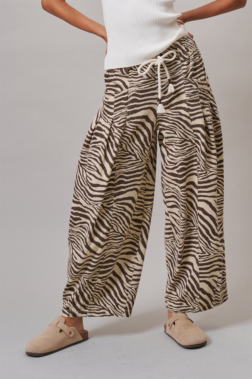 Vintage Wash Leopard Print Barrel Pants in Zebra - Women's Casual Pants | Urban Daizy