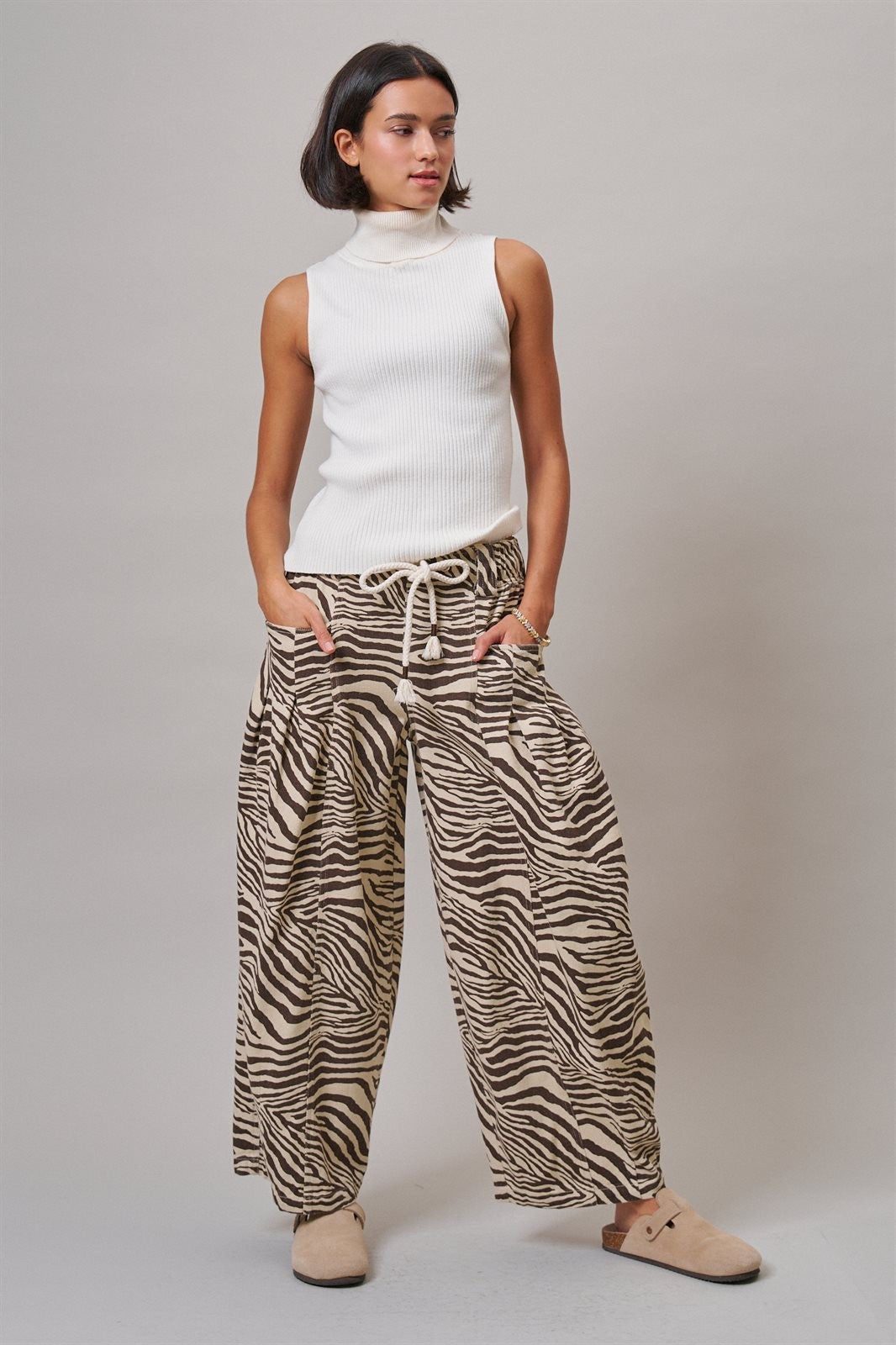 Vintage Wash Leopard Print Barrel Pants in Zebra - Women's Casual Pants | Urban Daizy