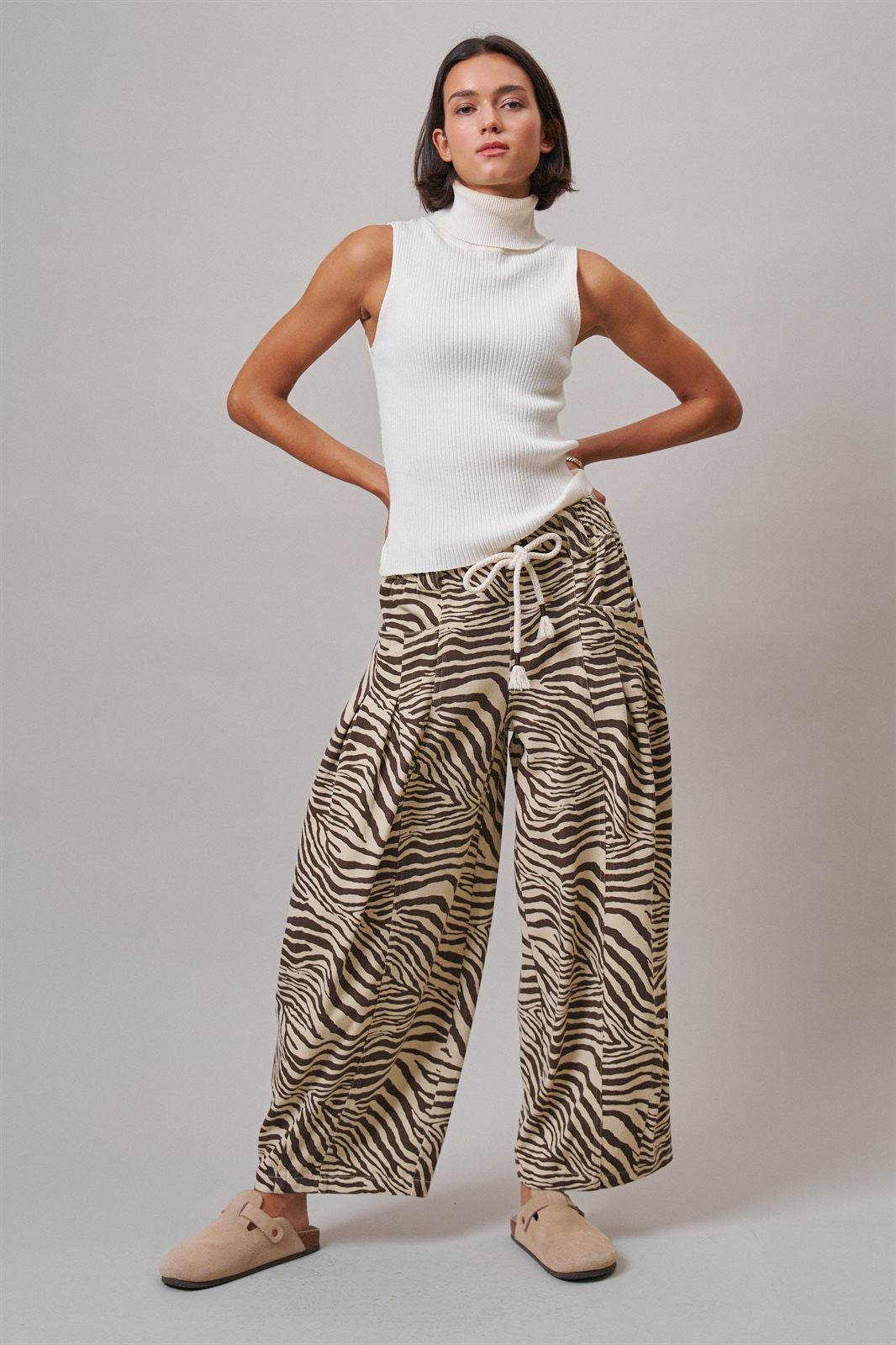 Vintage Wash Leopard Print Barrel Pants in Zebra - Women's Casual Pants | Urban Daizy