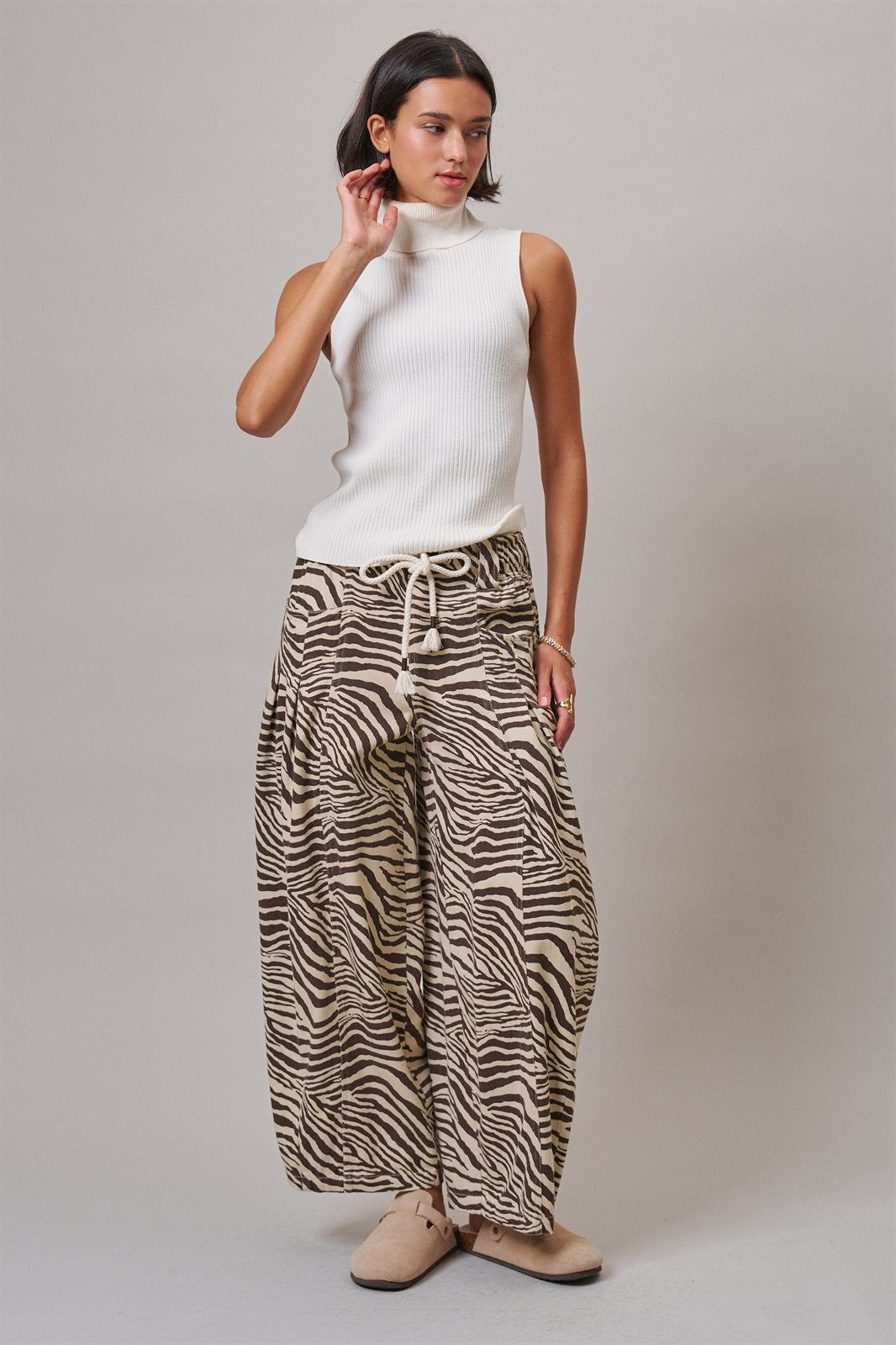 Vintage Wash Leopard Print Barrel Pants in Zebra - Women's Casual Pants | Urban Daizy