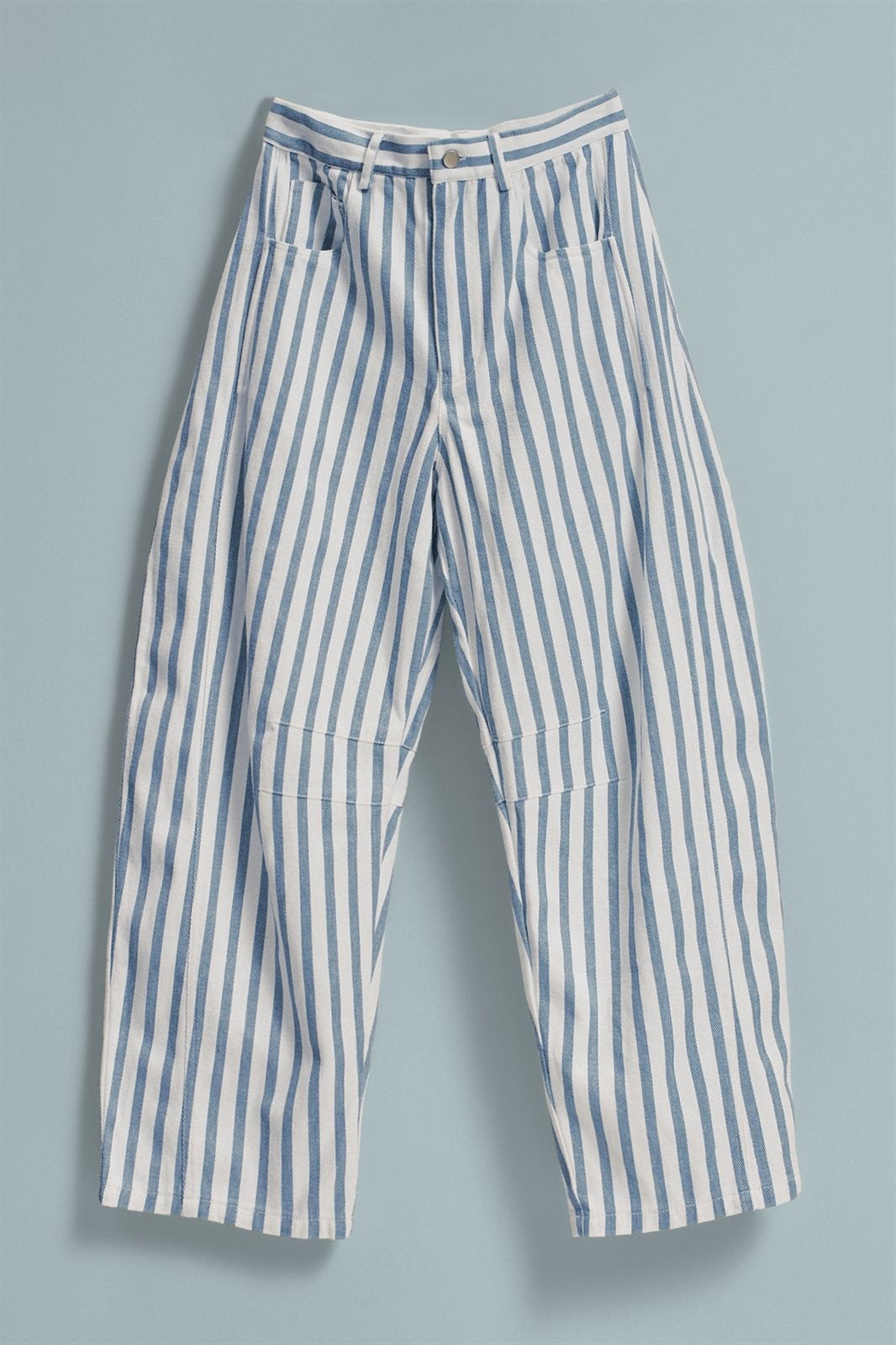 Striped Cotton Barrel-Leg Wide Pants in Ivory Blue - Women's Pants | Urban Daizy