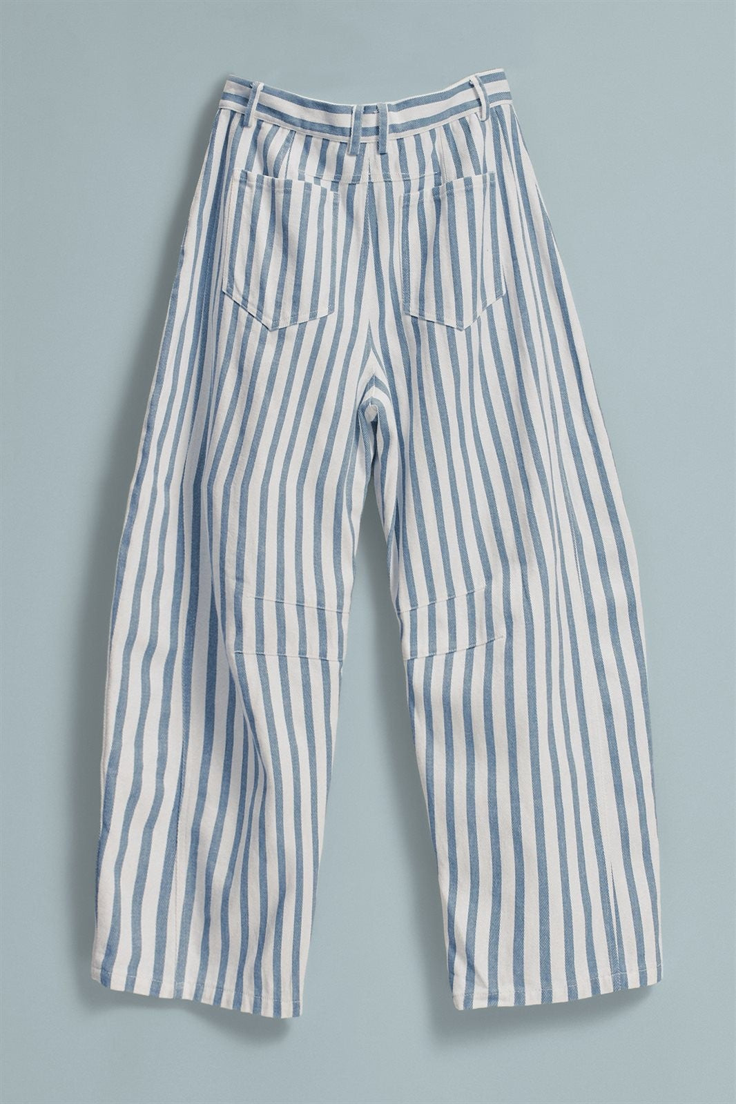 Striped Cotton Barrel-Leg Wide Pants in Ivory Blue - Women's Pants | Urban Daizy