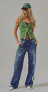 Wide Leg Faux Denim Print Track Pants With Side Stripes in Denim - Women's Pants | Urban Daizy