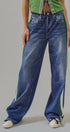 Wide Leg Faux Denim Print Track Pants With Side Stripes in Denim - Women's Pants | Urban Daizy