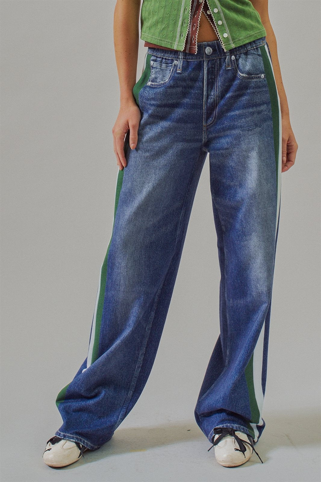 Wide Leg Faux Denim Print Track Pants With Side Stripes in Denim - Women's Pants | Urban Daizy