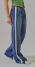 Wide Leg Faux Denim Print Track Pants With Side Stripes in Denim - Women's Pants | Urban Daizy