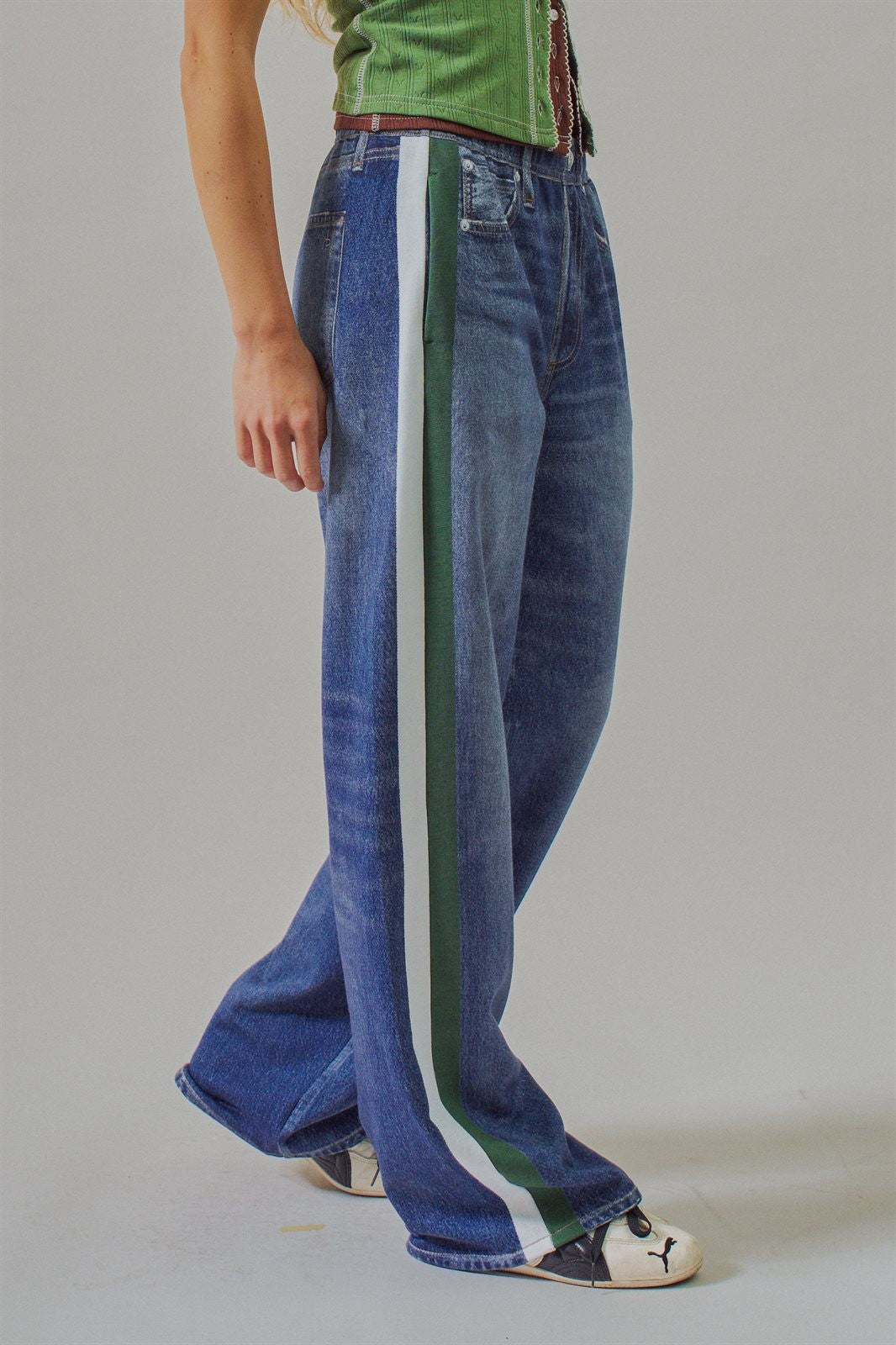 Wide Leg Faux Denim Print Track Pants With Side Stripes in Denim - Women's Pants | Urban Daizy