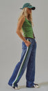 Wide Leg Faux Denim Print Track Pants With Side Stripes in Denim - Women's Pants | Urban Daizy
