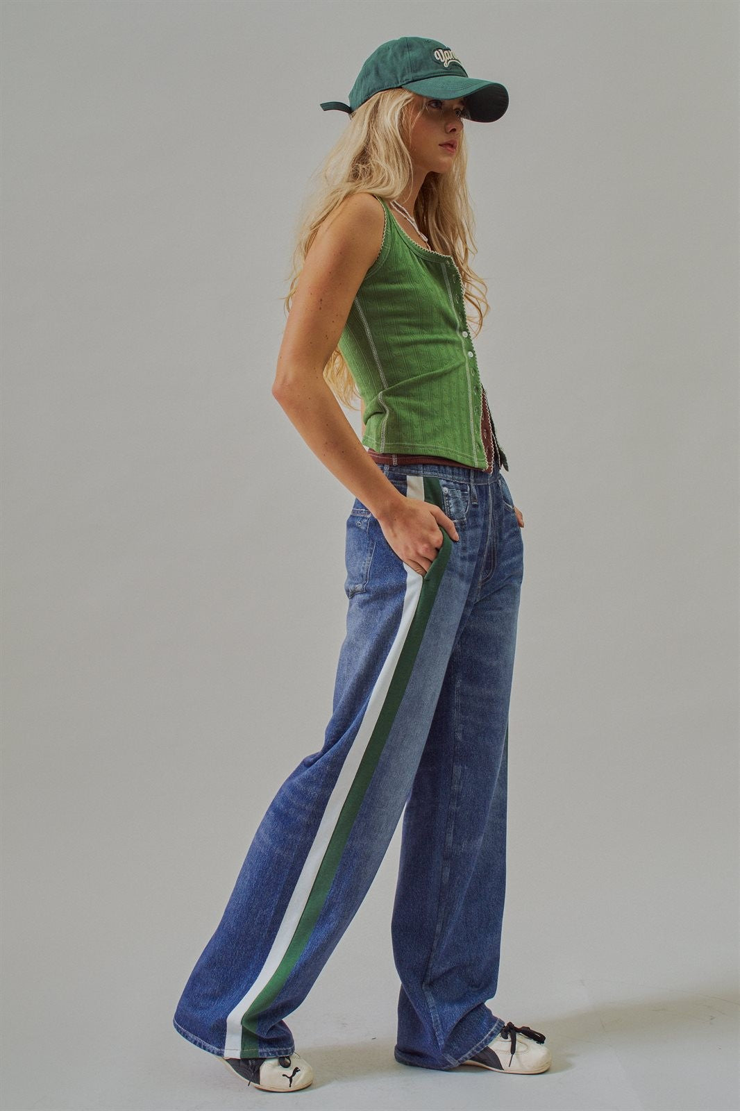 Wide Leg Faux Denim Print Track Pants With Side Stripes in Denim - Women's Pants | Urban Daizy