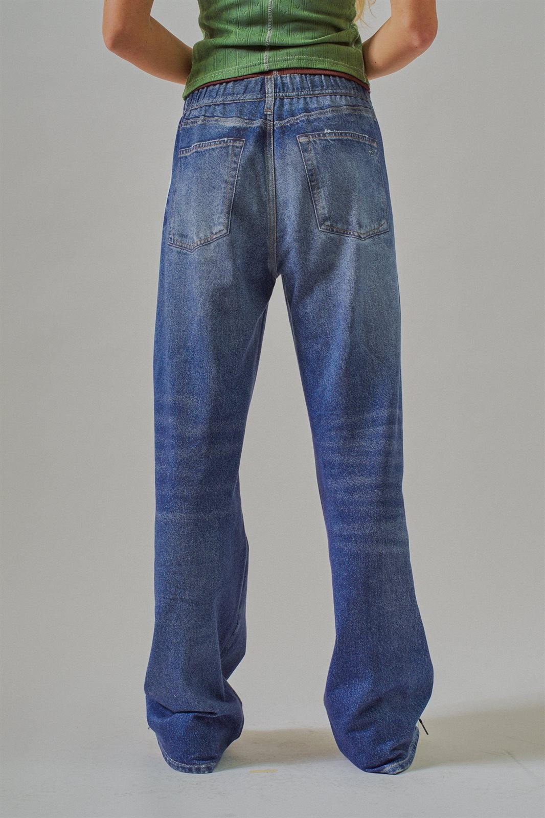 Wide Leg Faux Denim Print Track Pants With Side Stripes in Denim - Women's Pants | Urban Daizy