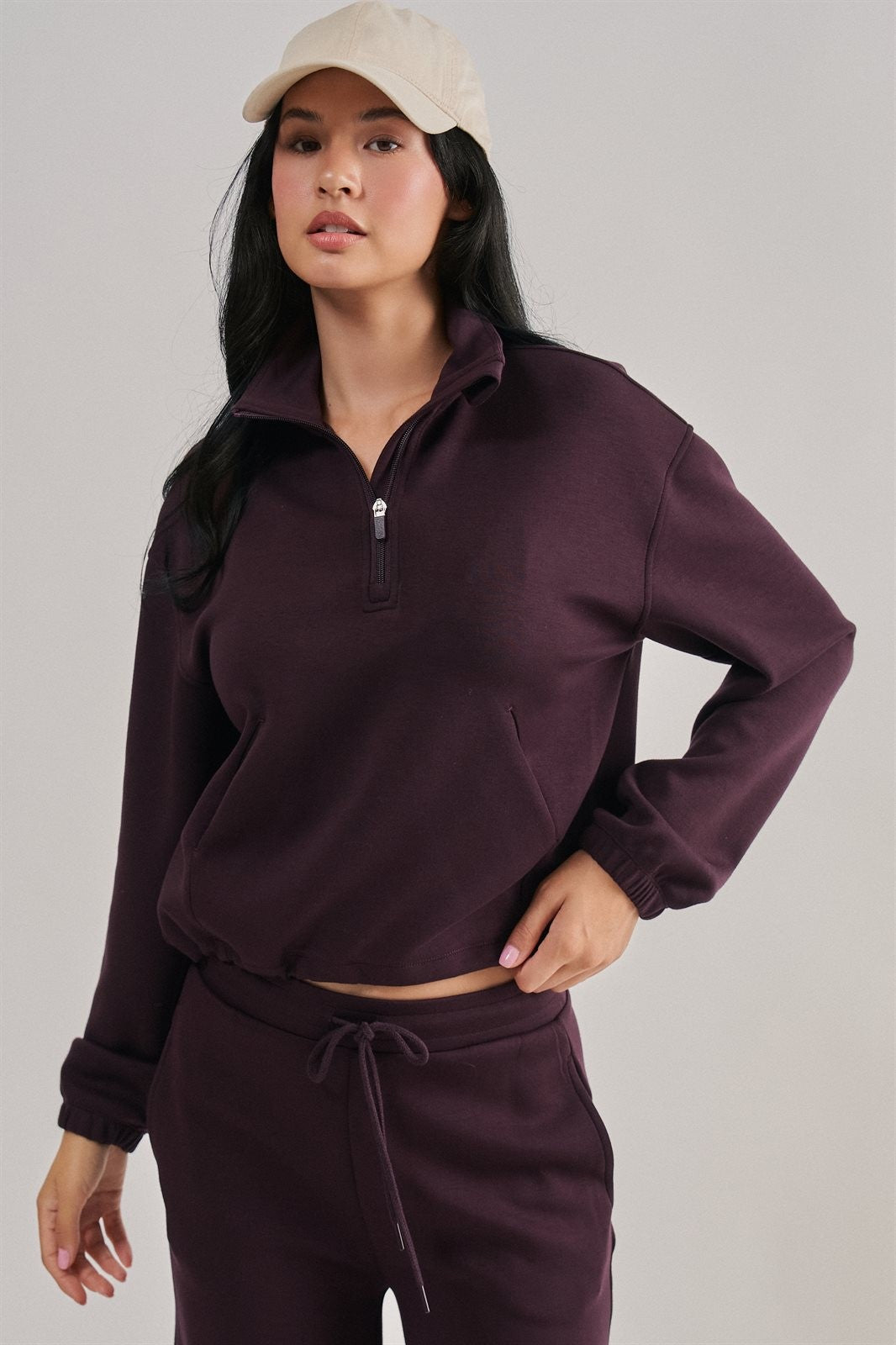 Scuba Knit Half Zip Pullover with Stand Collar in Chocolate - Women's Sweatshirts & Hoodies | Urban Daizy