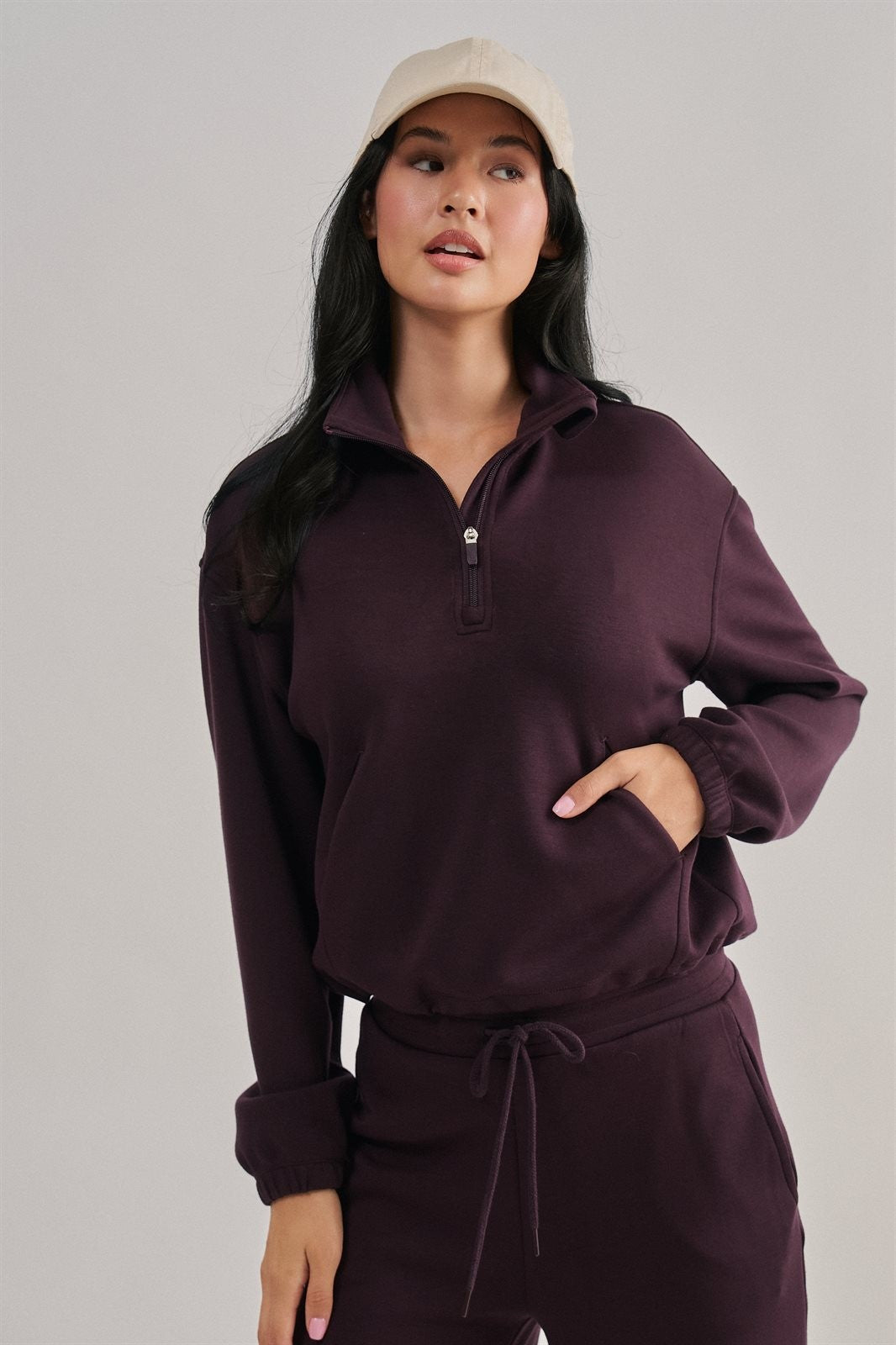 Scuba Knit Half Zip Pullover with Stand Collar in Chocolate - Women's Sweatshirts & Hoodies | Urban Daizy