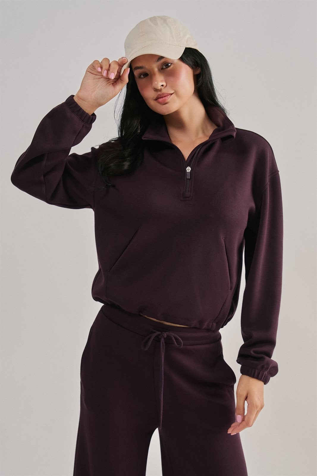 Scuba Knit Half Zip Pullover with Stand Collar in Chocolate - Women's Sweatshirts & Hoodies | Urban Daizy