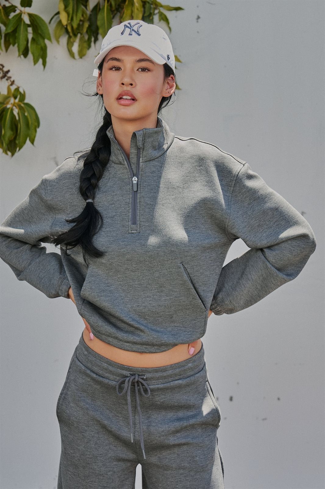 Scuba Knit Half Zip Pullover with Stand Collar in Dk H Grey - Women's Sweatshirts & Hoodies | Urban Daizy