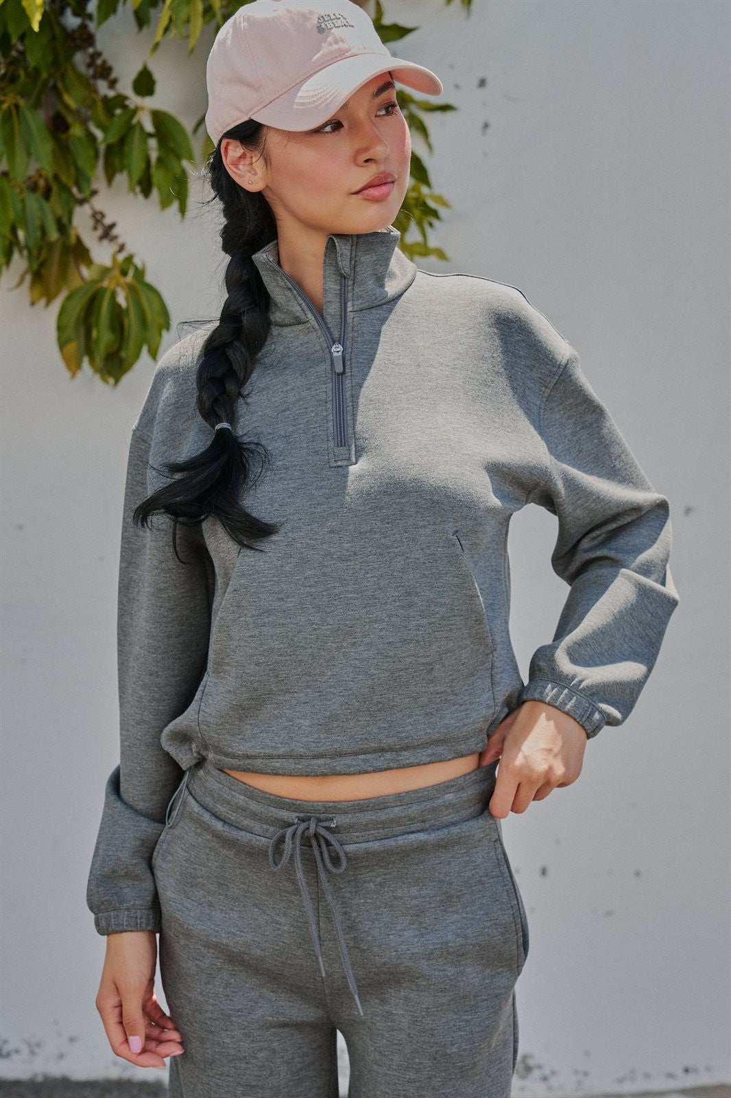 Scuba Knit Half Zip Pullover with Stand Collar in Dk H Grey - Women's Sweatshirts & Hoodies | Urban Daizy