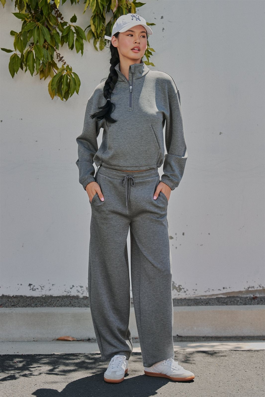 Scuba Knit Half Zip Pullover with Stand Collar in Dk H Grey - Women's Sweatshirts & Hoodies | Urban Daizy