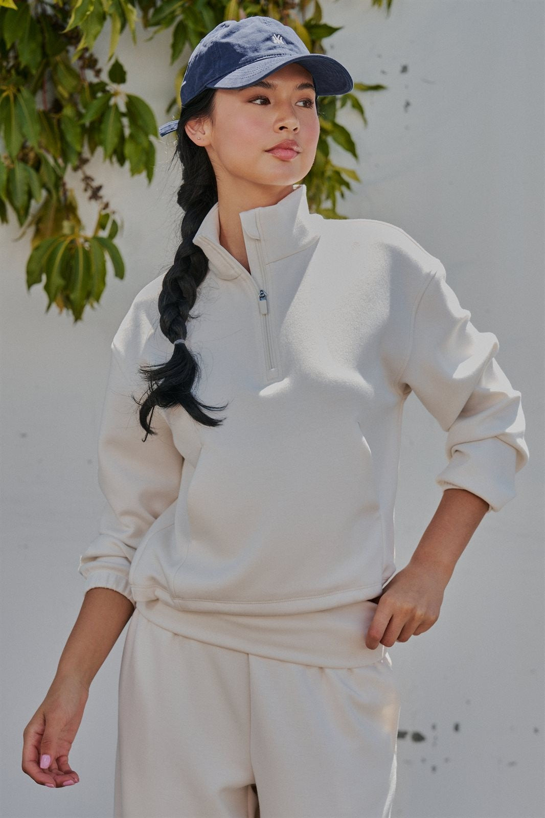 Scuba Knit Half Zip Pullover with Stand Collar in Milk - Women's Sweatshirts & Hoodies | Urban Daizy