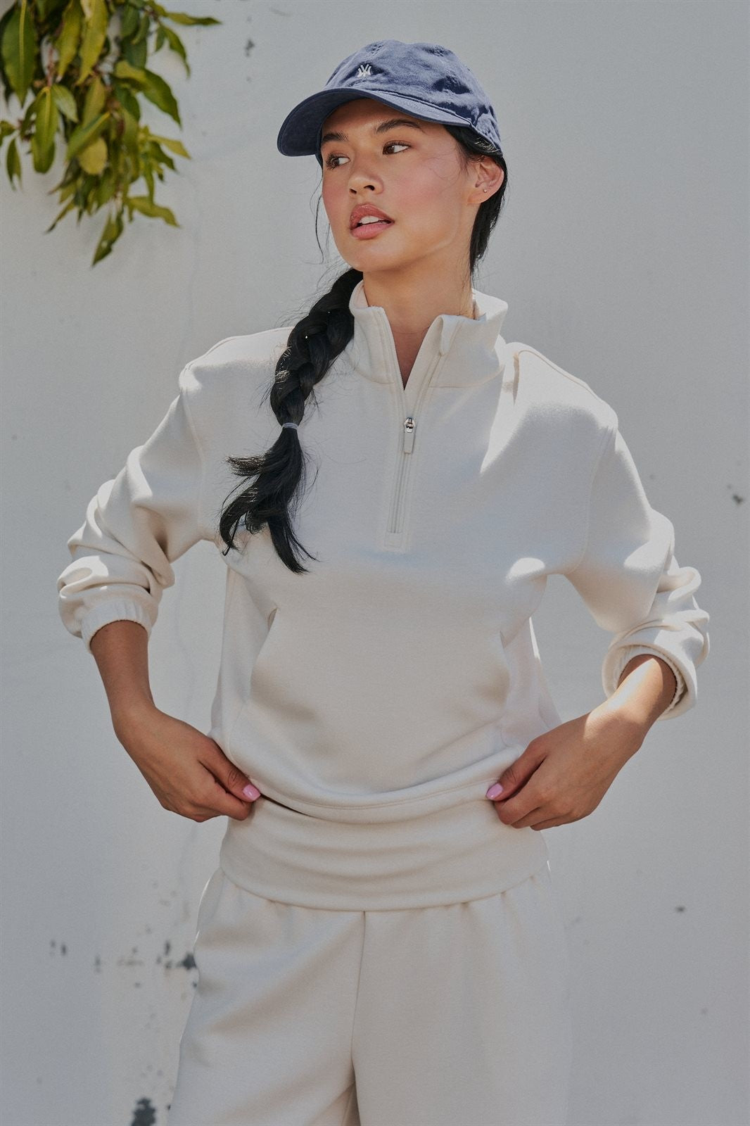 Scuba Knit Half Zip Pullover with Stand Collar in Milk - Women's Sweatshirts & Hoodies | Urban Daizy