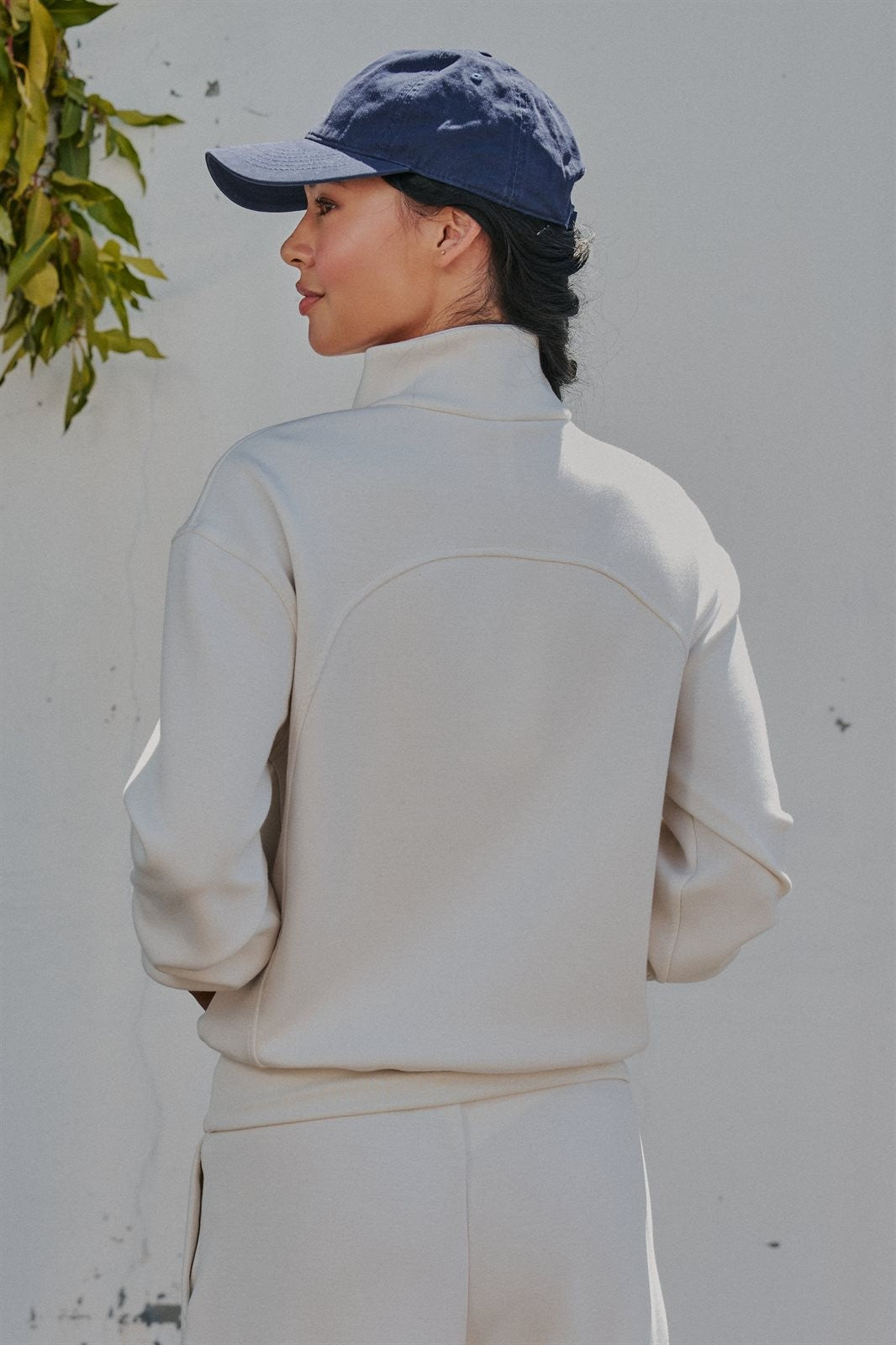 Scuba Knit Half Zip Pullover with Stand Collar in Milk - Women's Sweatshirts & Hoodies | Urban Daizy