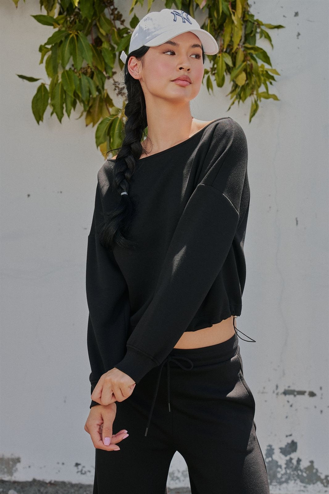 Scuba Knit Boat Neck Drawstring Hem Top in Black - Women's Sweatshirts & Hoodies | Urban Daizy
