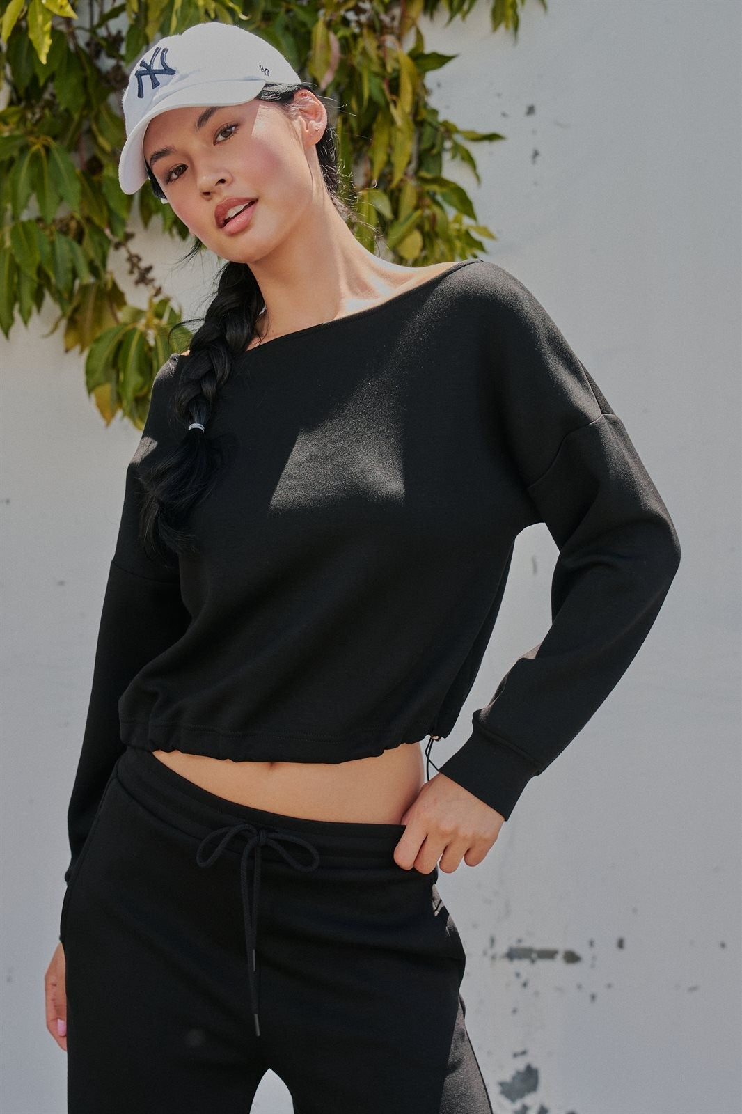 Scuba Knit Boat Neck Drawstring Hem Top in Black - Women's Sweatshirts & Hoodies | Urban Daizy