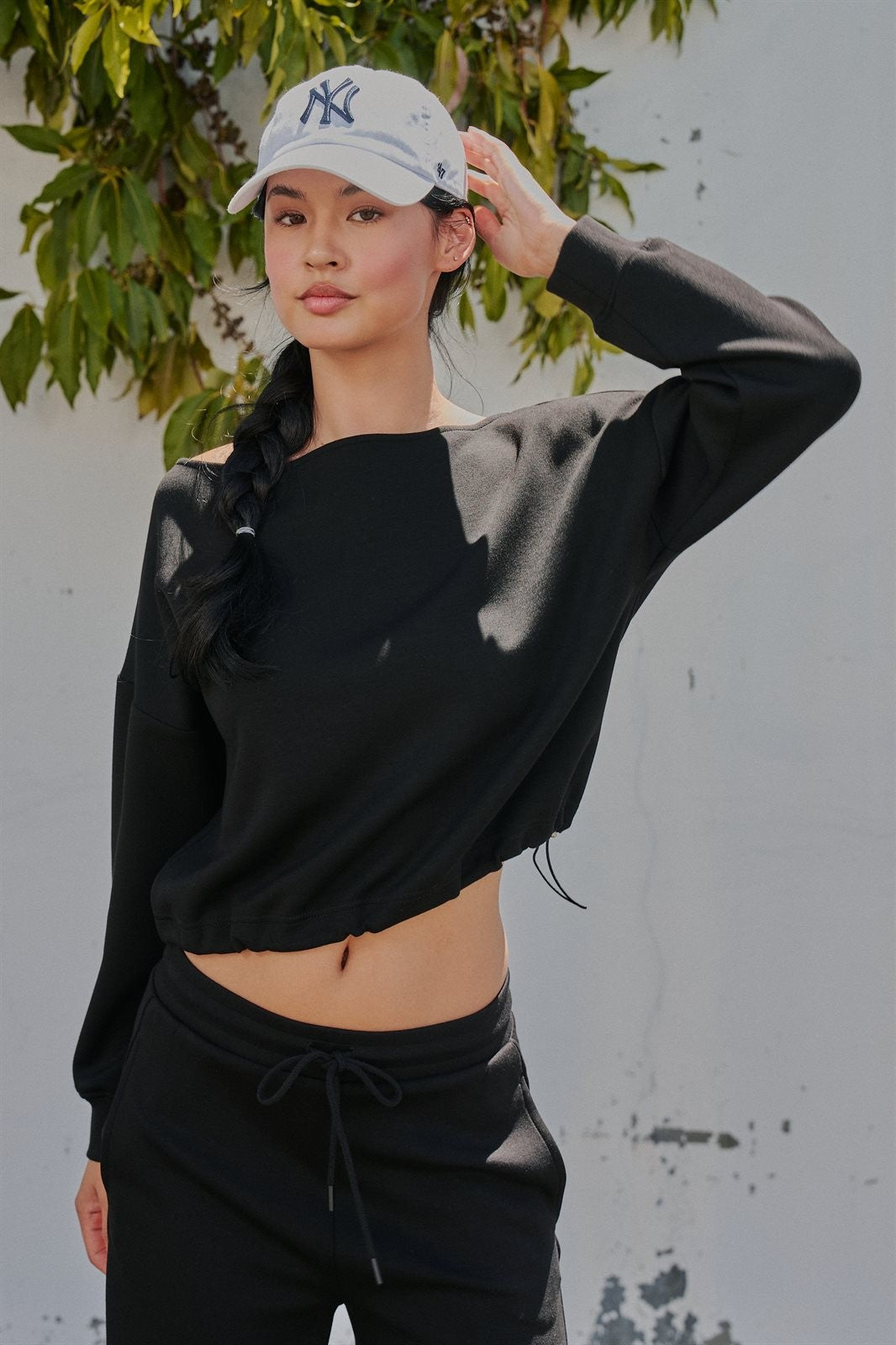 Scuba Knit Boat Neck Drawstring Hem Top in Black - Women's Sweatshirts & Hoodies | Urban Daizy