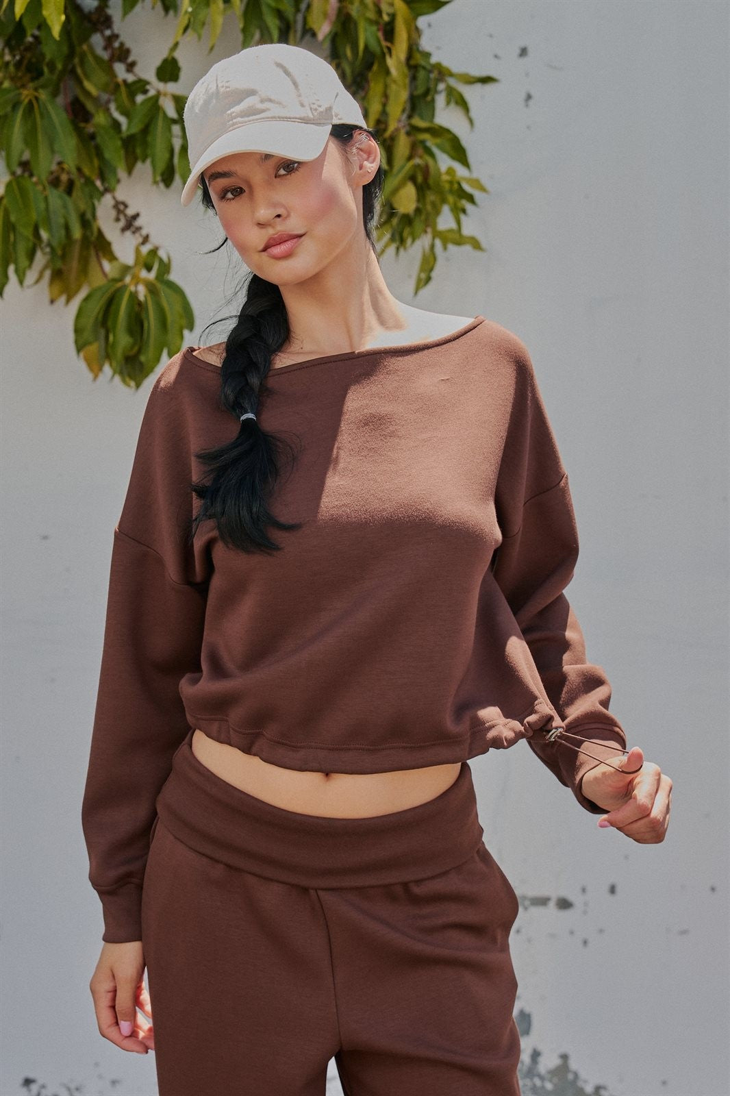 Scuba Knit Boat Neck Drawstring Hem Top in Chocolate - Women's Sweatshirts & Hoodies | Urban Daizy